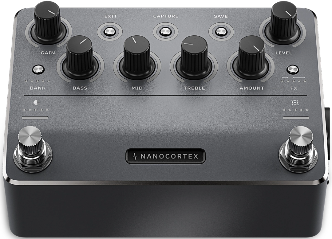 Neural DSP Nano Cortex, three-quarter front view, dark grey enclosure, six knobs, two footswitches