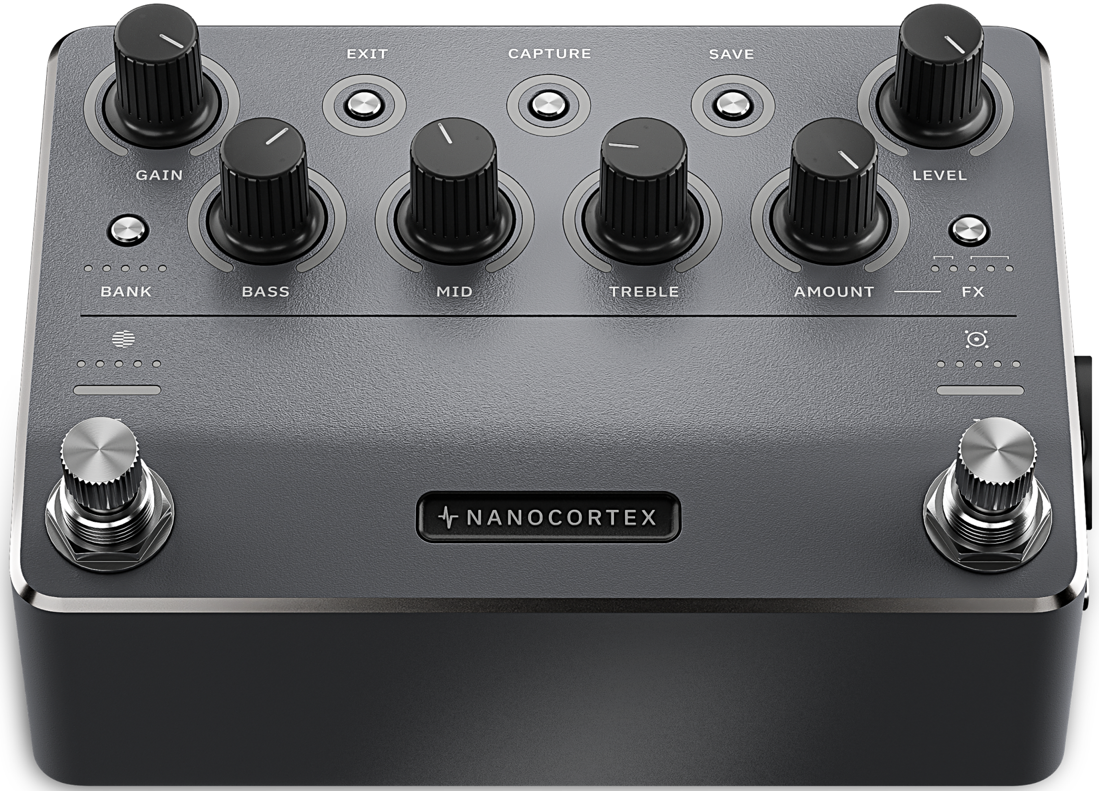 Neural DSP Nano Cortex, three-quarter front view, dark grey enclosure, six knobs, two footswitches