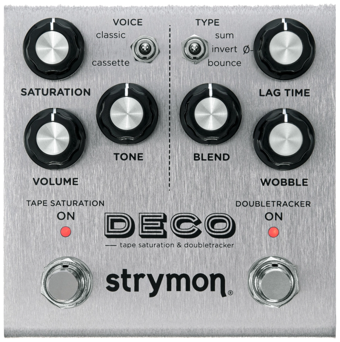 Strymon Deco V2, top-down view, silver enclosure, six black knobs, Voice and Type switches, two footswitches