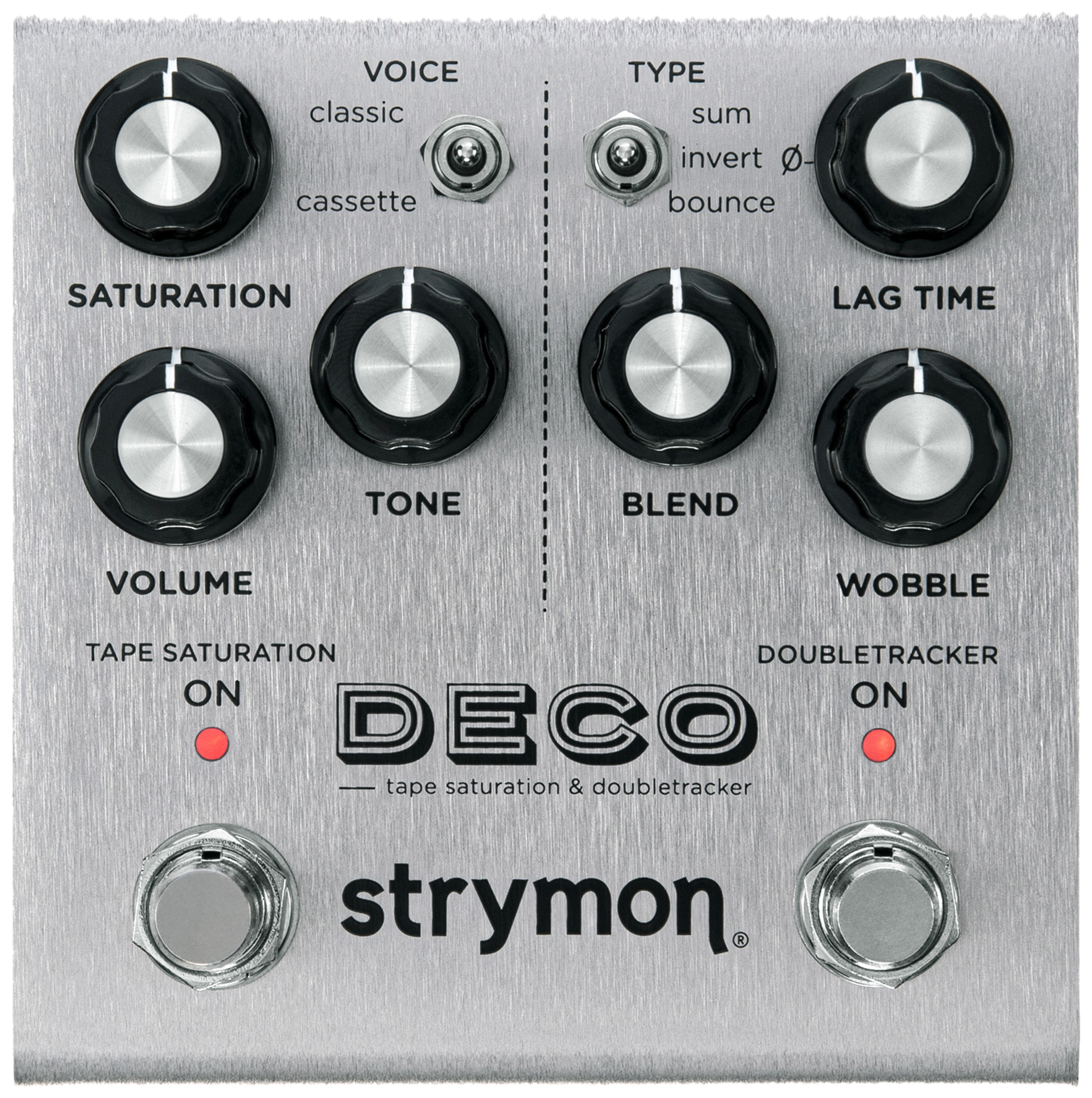 Strymon Deco V2, top-down view, silver enclosure, six black knobs, Voice and Type switches, two footswitches