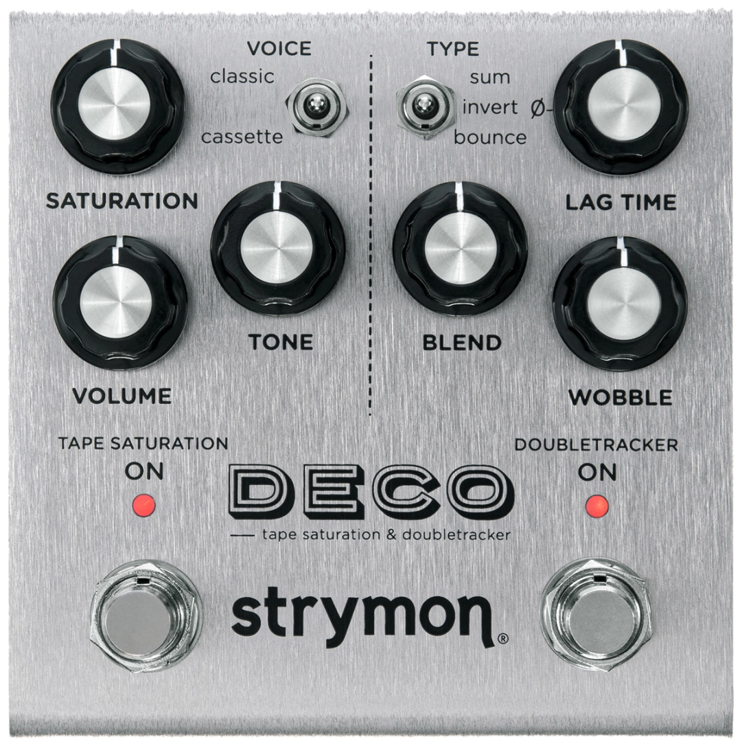 Strymon Deco V2, top-down view, silver enclosure, six black knobs, Voice and Type switches, two footswitches