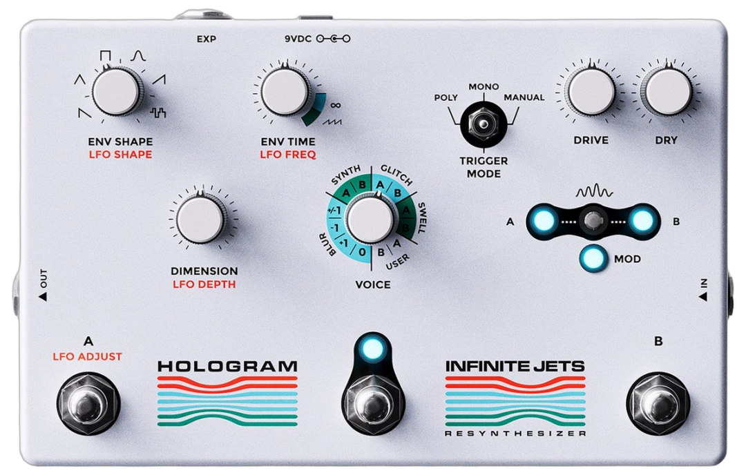Hologram Electronics Infinite Jets, top-down, light-grey enclosure, Voice dial, A and B sampling indicators, three footswitches