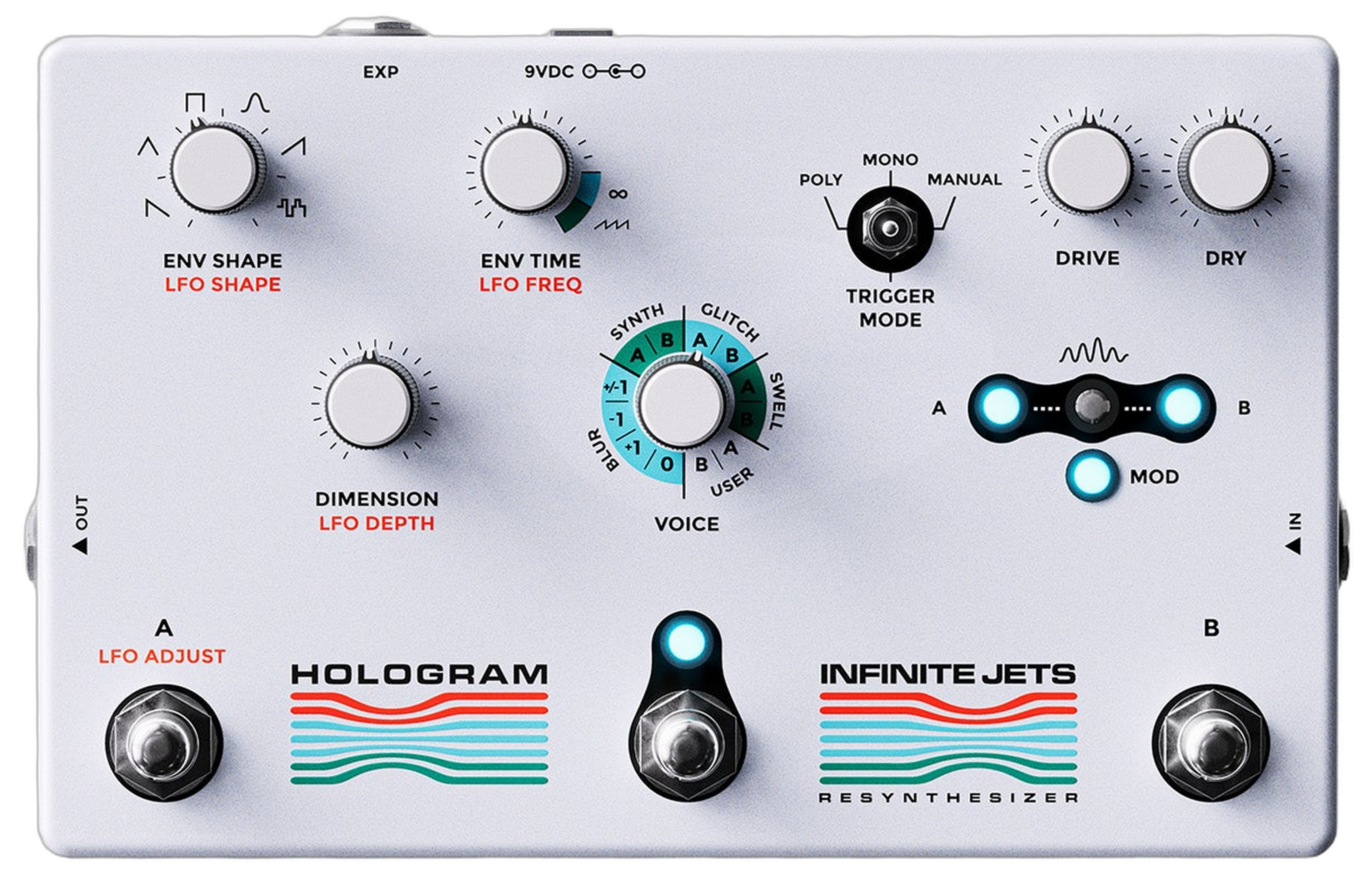 Hologram Electronics Infinite Jets, top-down, light-grey enclosure, Voice dial, A and B sampling indicators, three footswitches