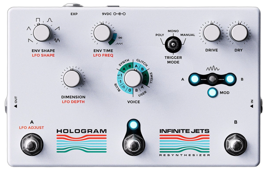 Hologram Electronics Infinite Jets, top-down, light-grey enclosure, Voice dial, A and B sampling indicators, three footswitches