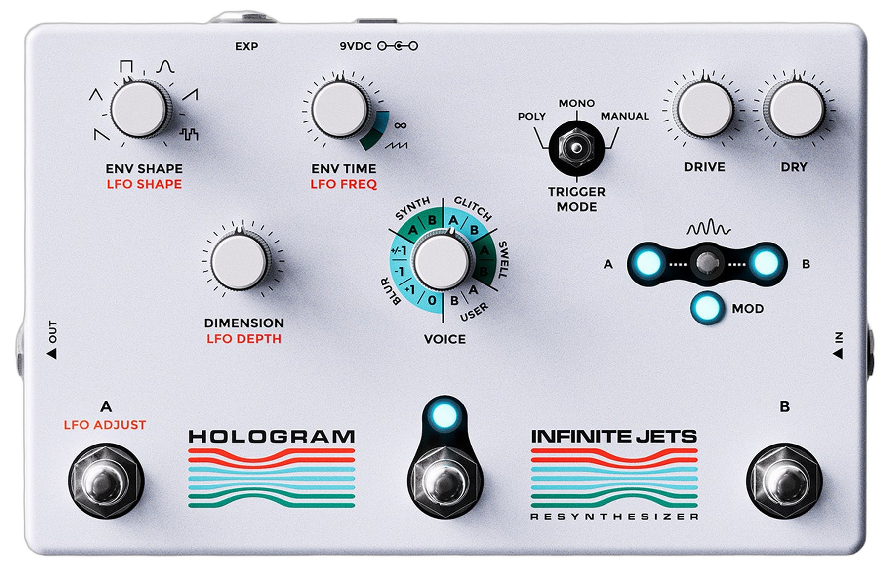 Hologram Electronics Infinite Jets, top-down, light-grey enclosure, Voice dial, A and B sampling indicators, three footswitches