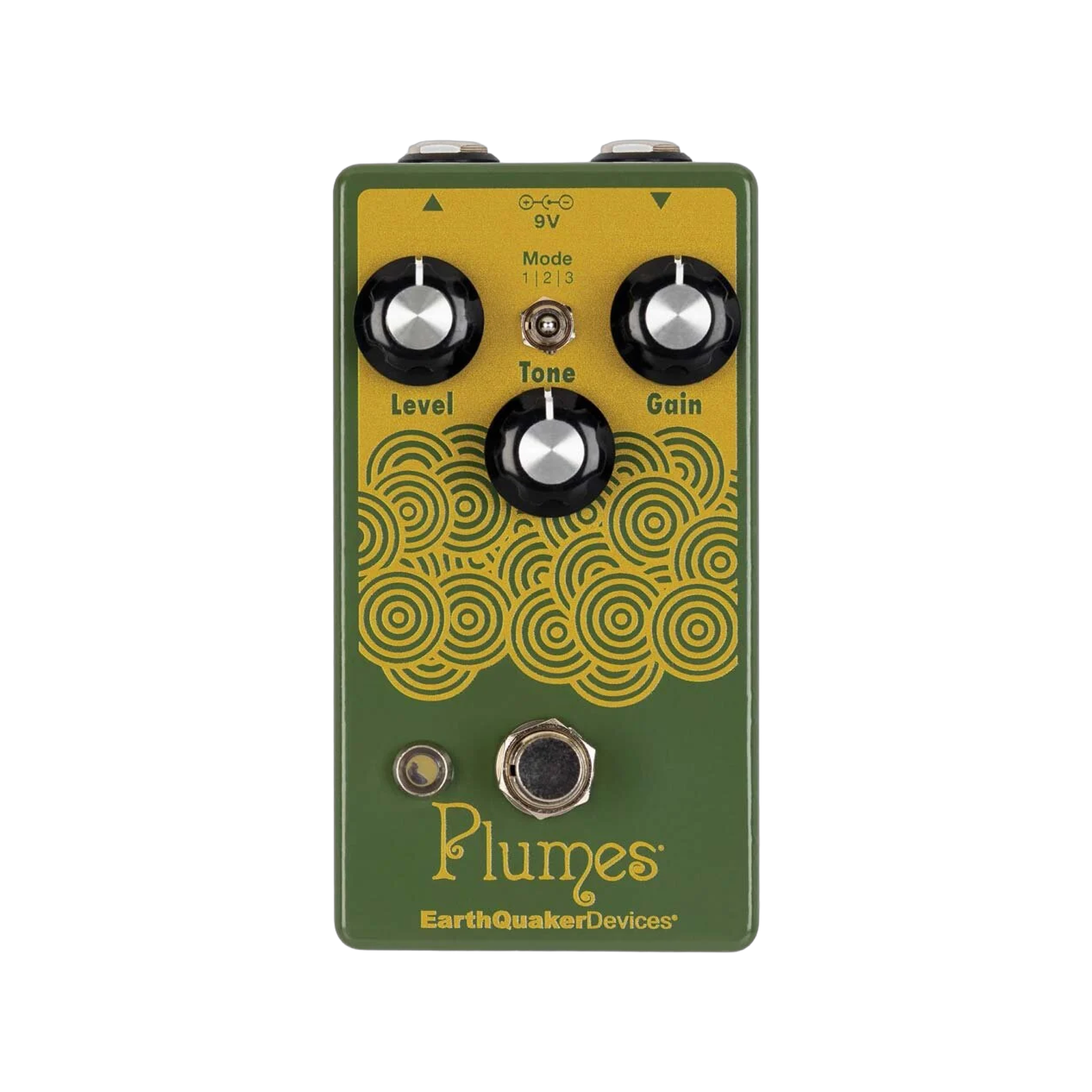 EarthQuaker Devices Plumes, top view, green enclosure with yellow concentric circles and Level Tone Gain knobs