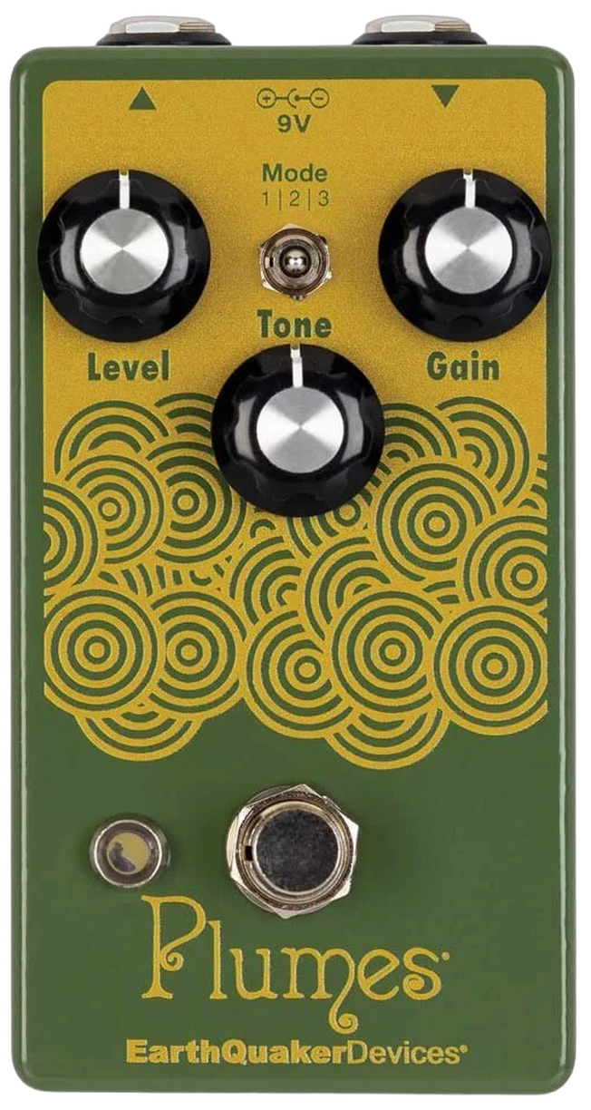 EarthQuaker Devices Plumes, top view, green enclosure with yellow concentric circles and Level Tone Gain knobs