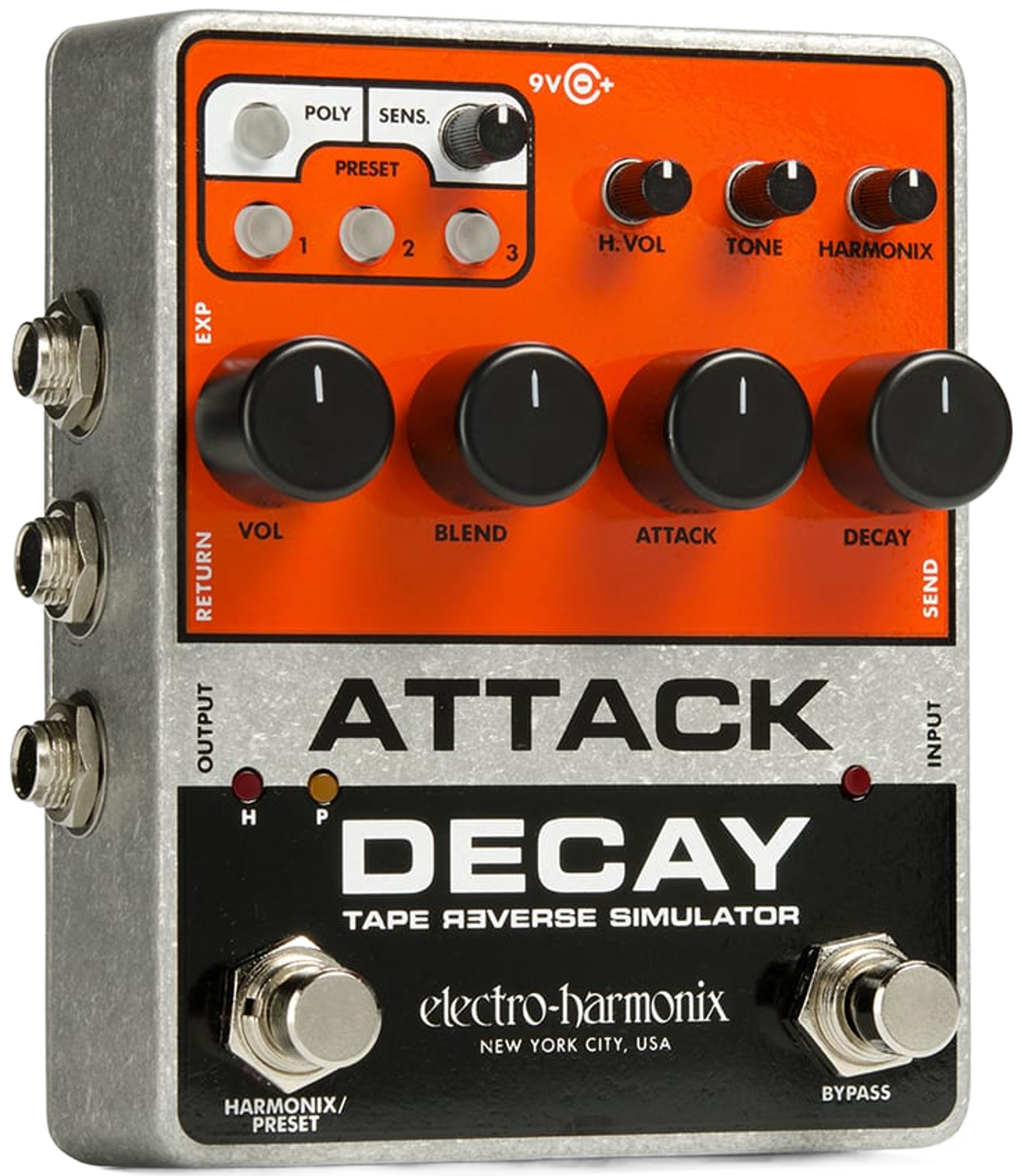 Electro-Harmonix Attack Decay tape reverse simulator pedal, three-quarter view, silver enclosure with orange panel, eight black knobs and two footswitches