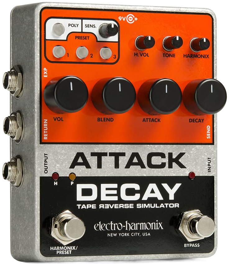 Electro-Harmonix Attack Decay tape reverse simulator pedal, three-quarter view, silver enclosure with orange panel, eight black knobs and two footswitches