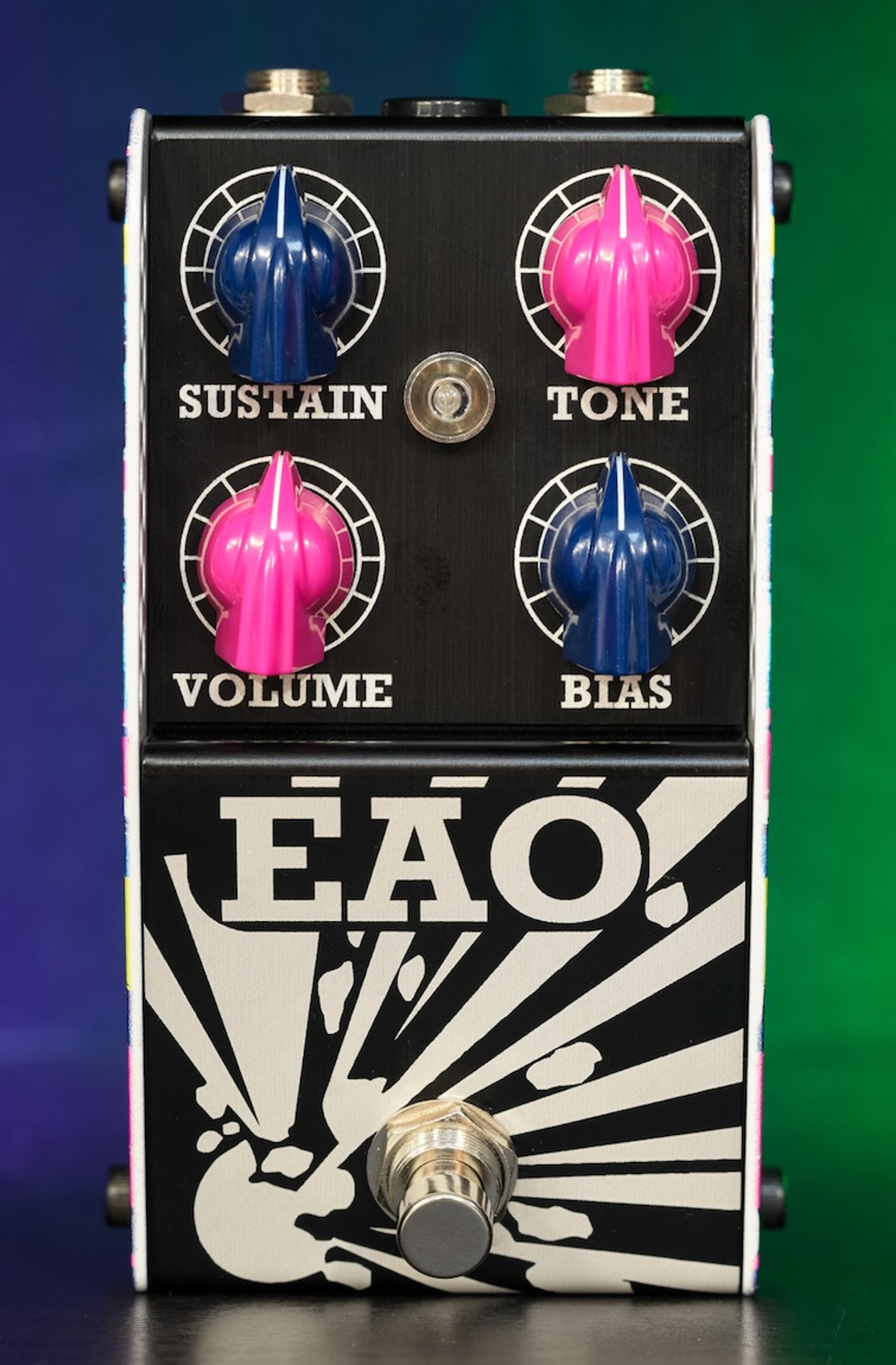 ThorpyFX EAO, front view, black panel with pink and blue Sustain, Tone, Volume and Bias knobs above the EAO explosion graphic and footswitch