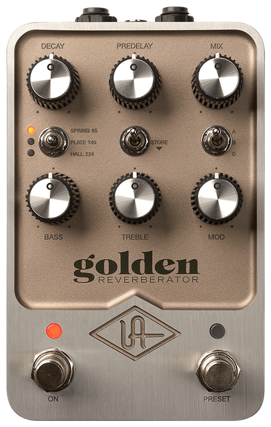 Universal Audio Golden Reverberator, top view, gold enclosure, Spring 65 Plate 140 Hall 224 switch, On and Preset footswitches