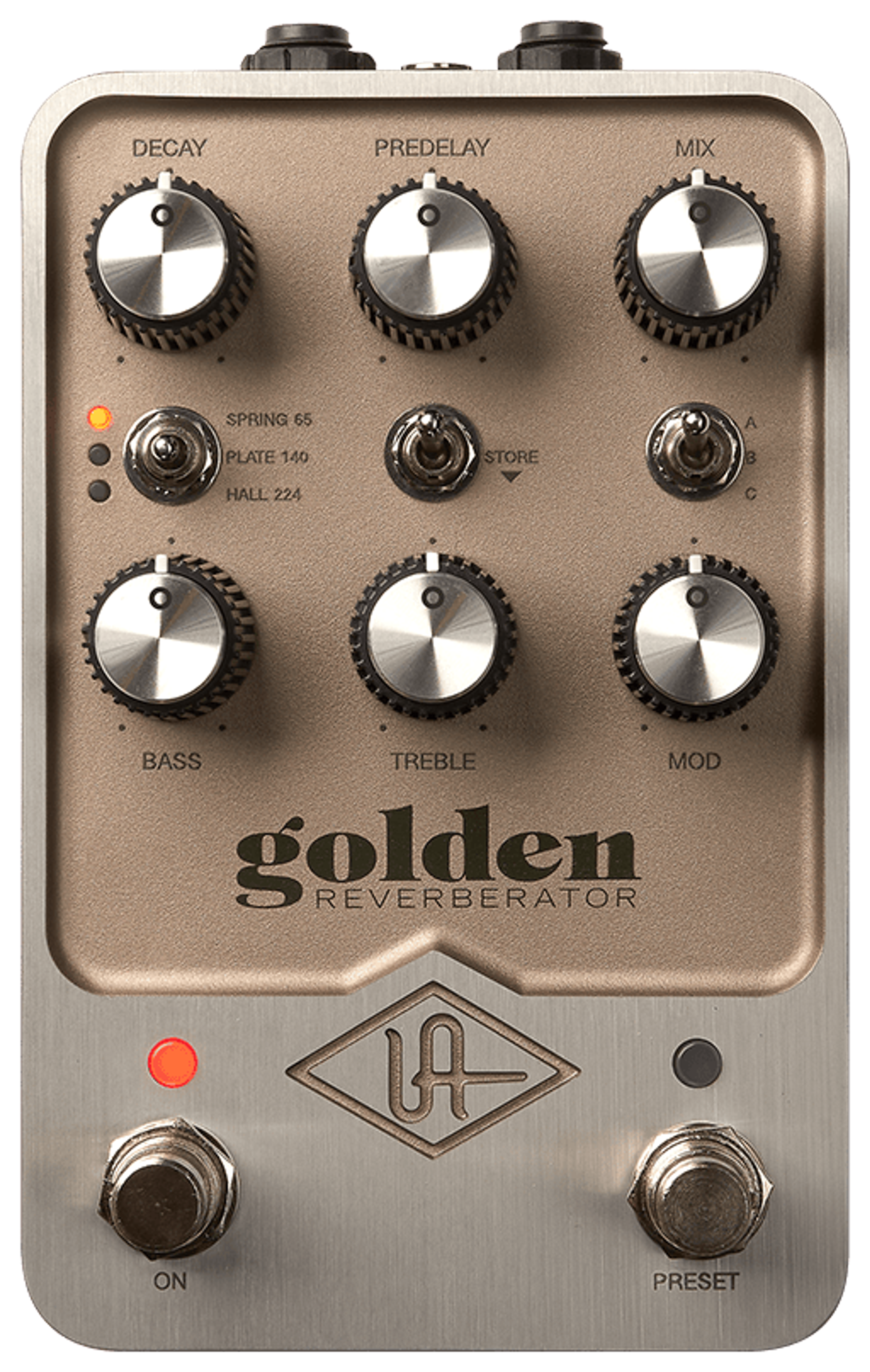 Universal Audio Golden Reverberator, top view, gold enclosure, Spring 65 Plate 140 Hall 224 switch, On and Preset footswitches