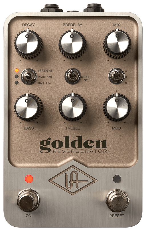 Universal Audio Golden Reverberator, top view, gold enclosure, Spring 65 Plate 140 Hall 224 switch, On and Preset footswitches