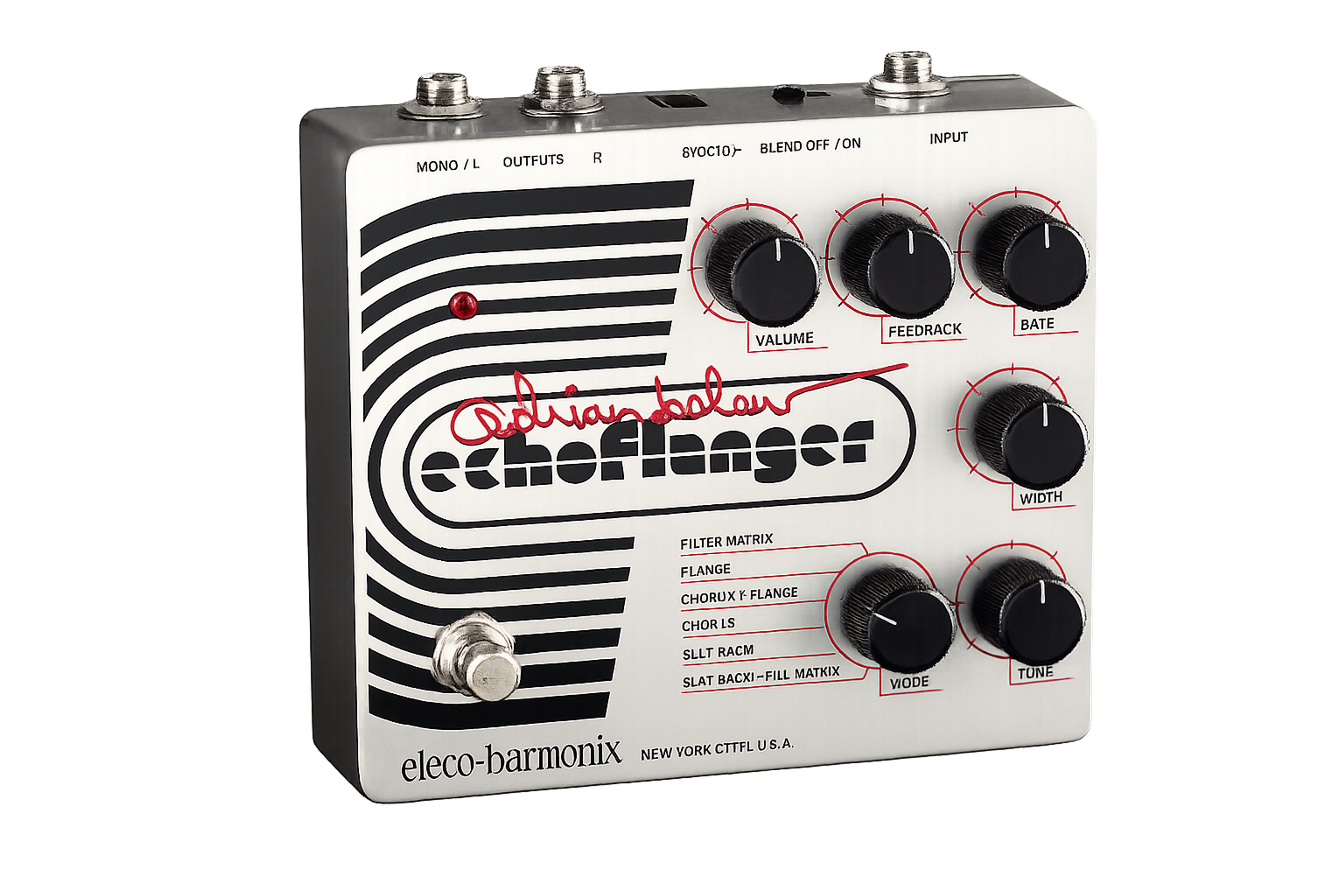 Electro-Harmonix Adrian Belew Echoflanger, three-quarter view, silver enclosure with concentric stripe graphic