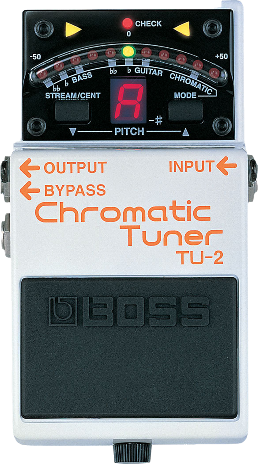 BOSS TU-2 Chromatic Tuner, top-down view, white compact pedal with LED meter, note display and footswitch