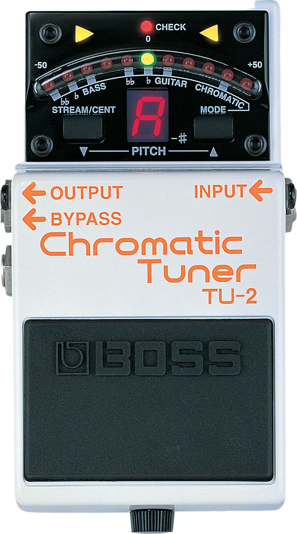 BOSS TU-2 Chromatic Tuner, top-down view, white compact pedal with LED meter, note display and footswitch