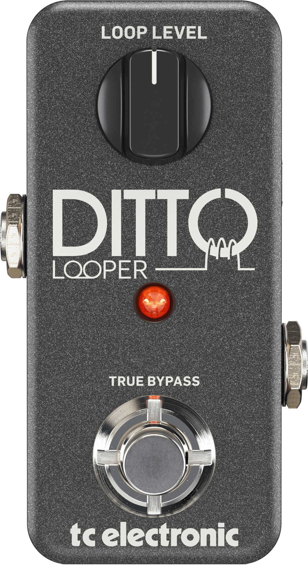 TC Electronic Ditto Looper, top-down view, grey mini enclosure, Loop Level knob, true bypass footswitch