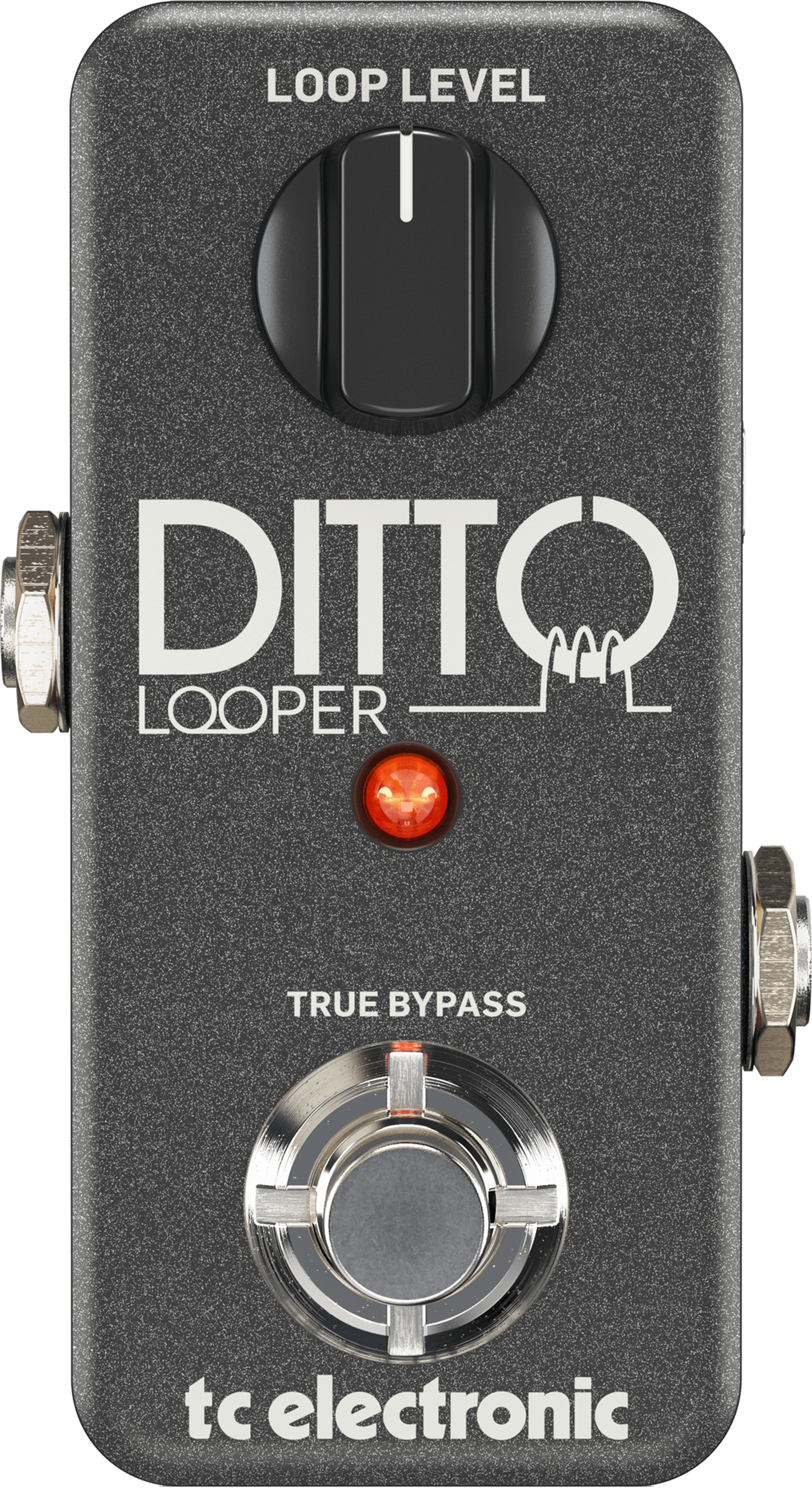 TC Electronic Ditto Looper, top-down view, grey mini enclosure, Loop Level knob, true bypass footswitch