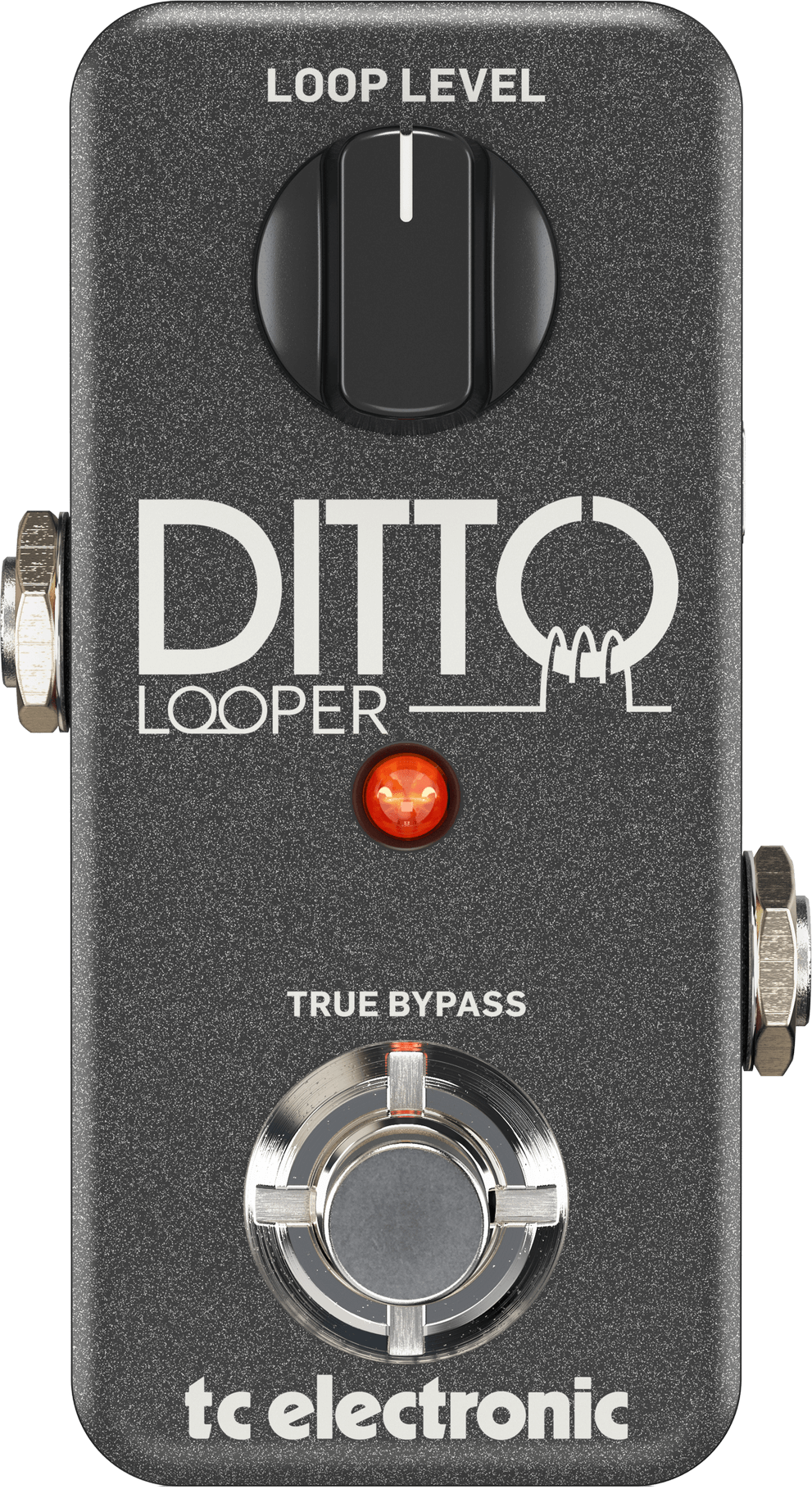 TC Electronic Ditto Looper, top-down view, grey mini enclosure, Loop Level knob, true bypass footswitch