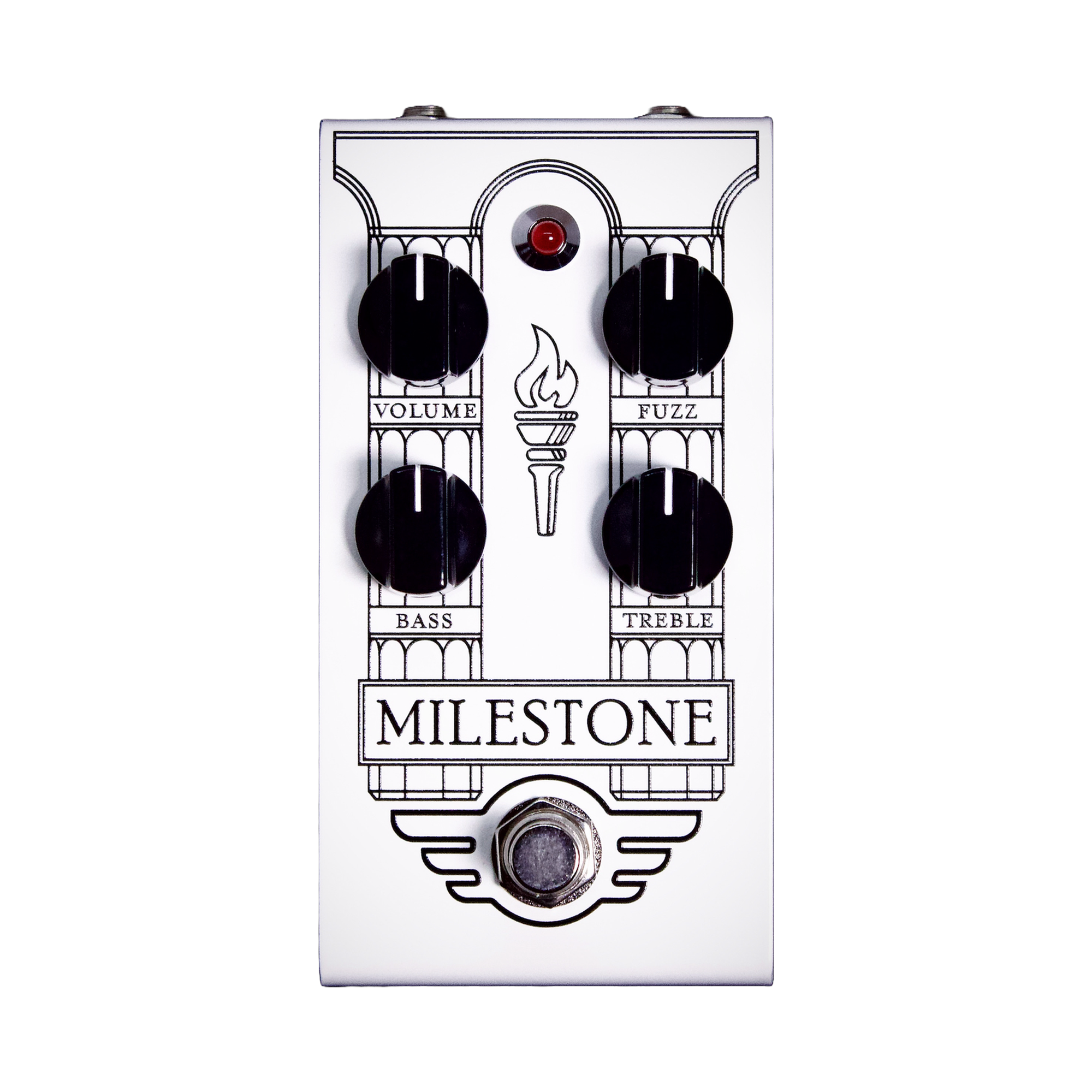 Mad Professor Milestone Fuzz Handwired, top-down packshot, Volume Fuzz Bass Treble knobs, white faceplate