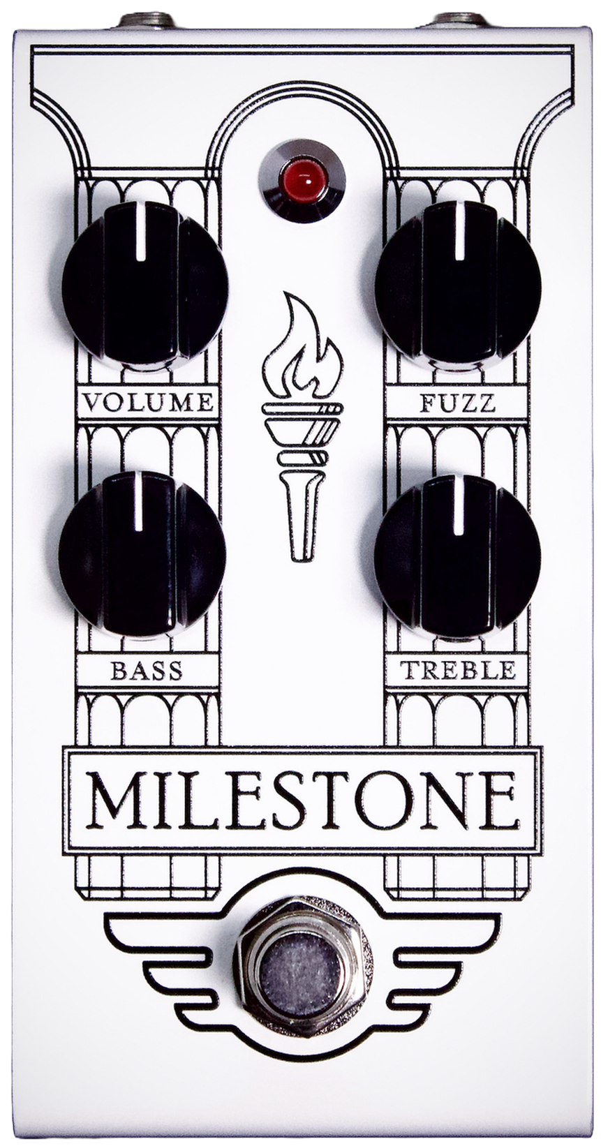 Mad Professor Milestone Fuzz Handwired, top-down packshot, Volume Fuzz Bass Treble knobs, white faceplate