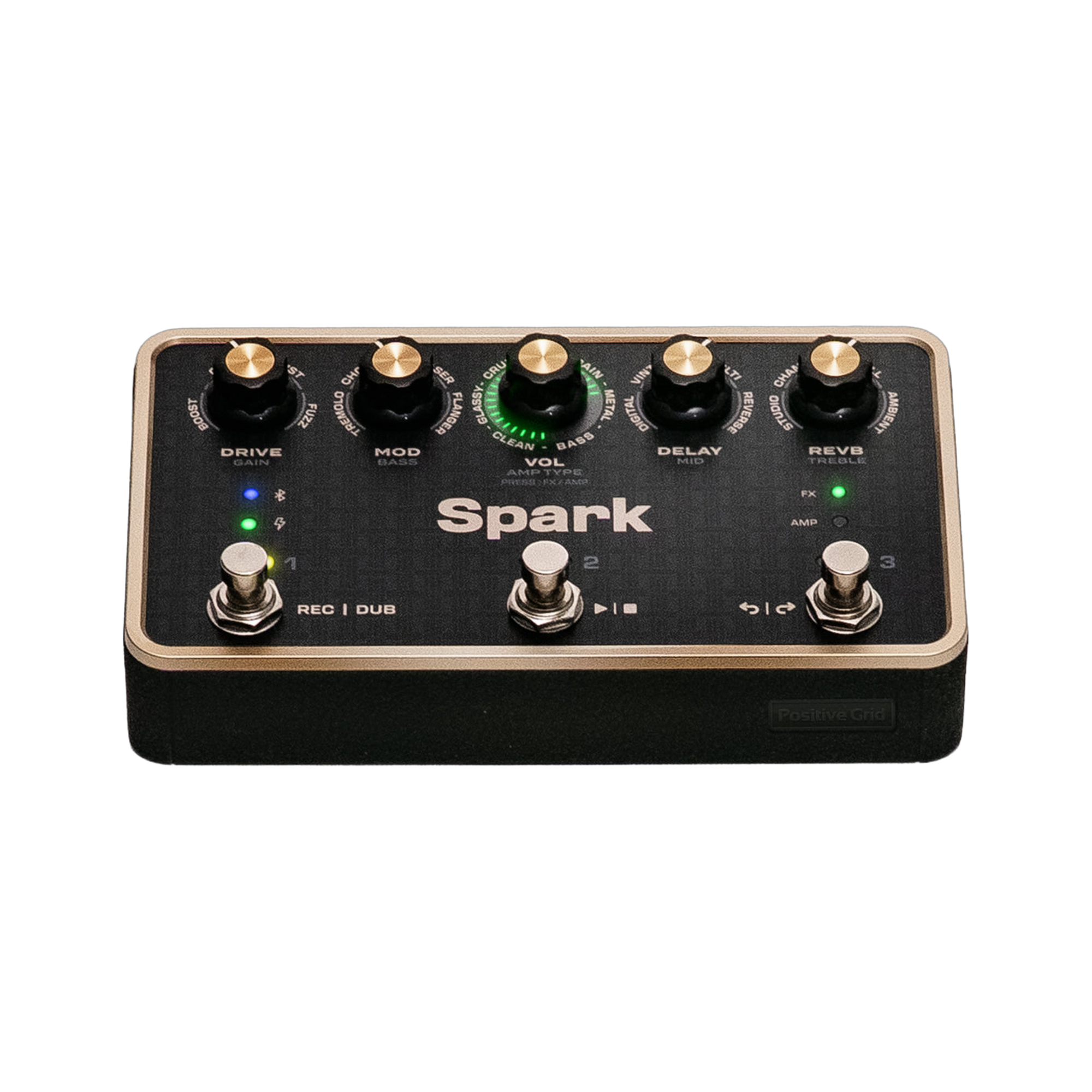 Positive Grid Spark PEDAL, top-down packshot, five knobs, three footswitches, gold frame