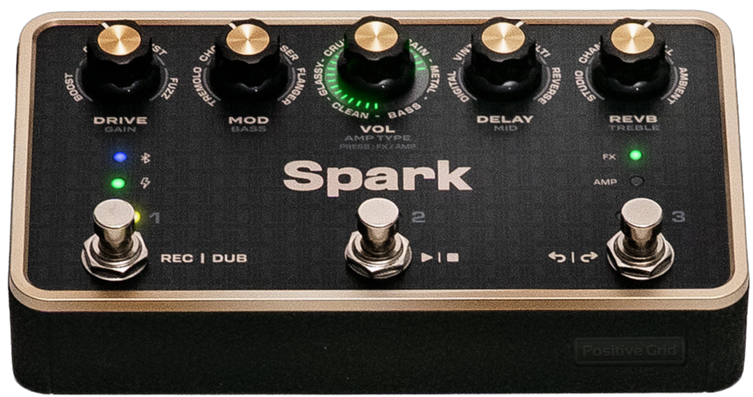 Positive Grid Spark PEDAL, top-down packshot, five knobs, three footswitches, gold frame