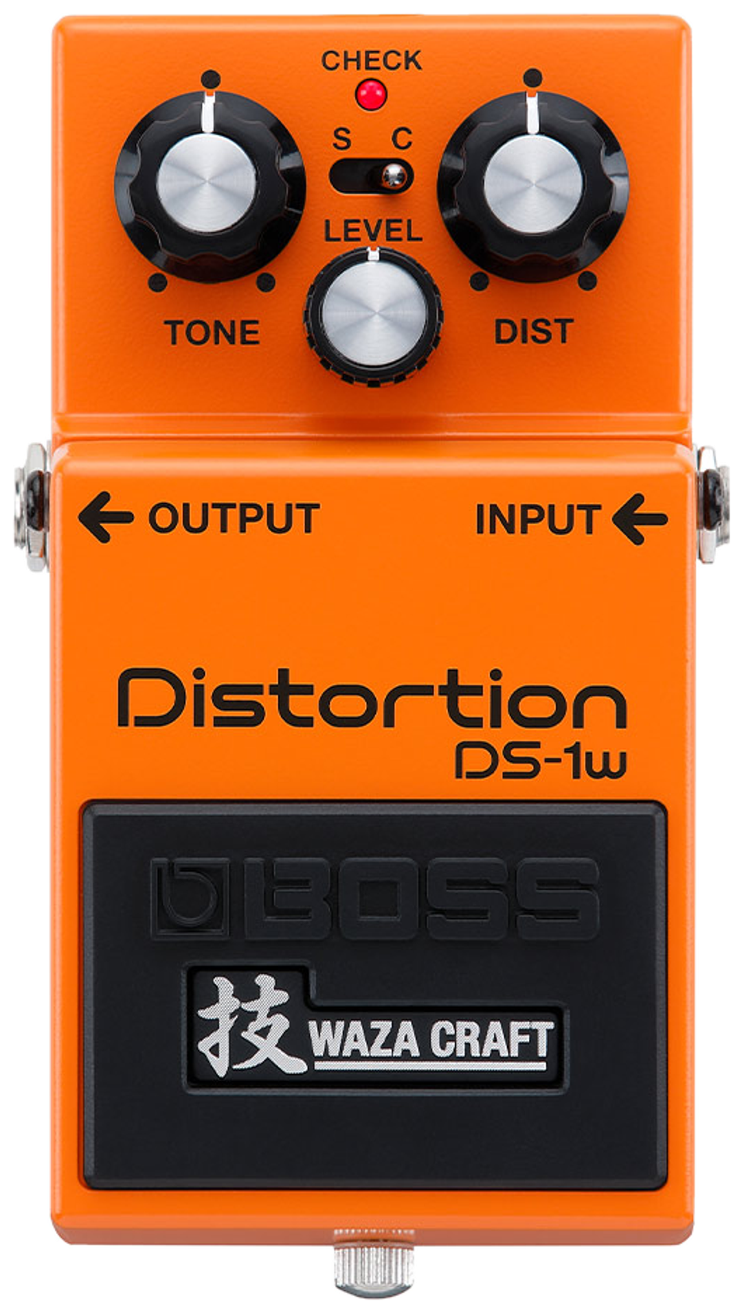 BOSS DS-1W Distortion Waza Craft, top-down view, orange enclosure, Waza Craft badge, Standard/Custom switch
