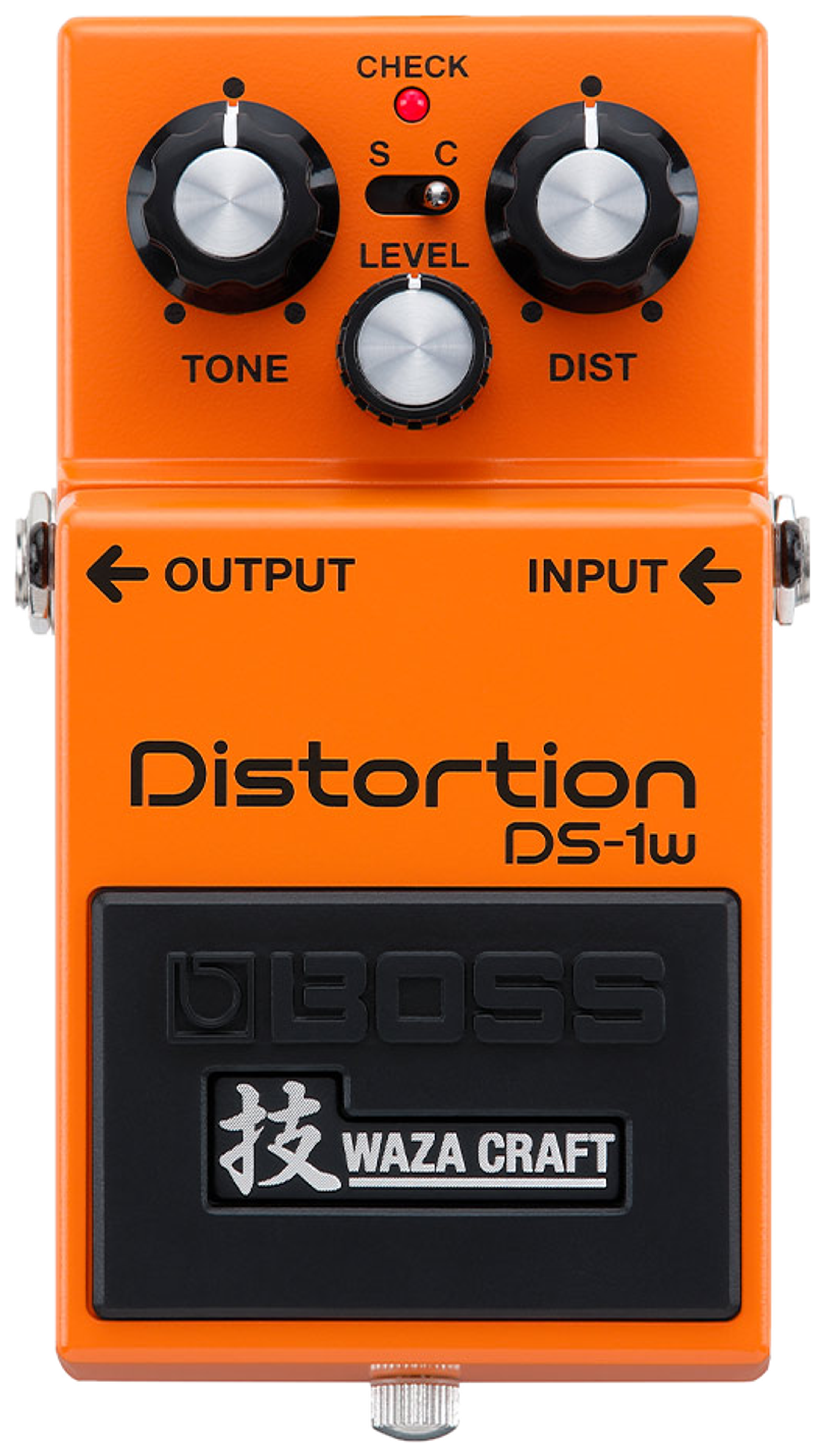 BOSS DS-1W Distortion Waza Craft, top-down view, orange enclosure, Waza Craft badge, Standard/Custom switch