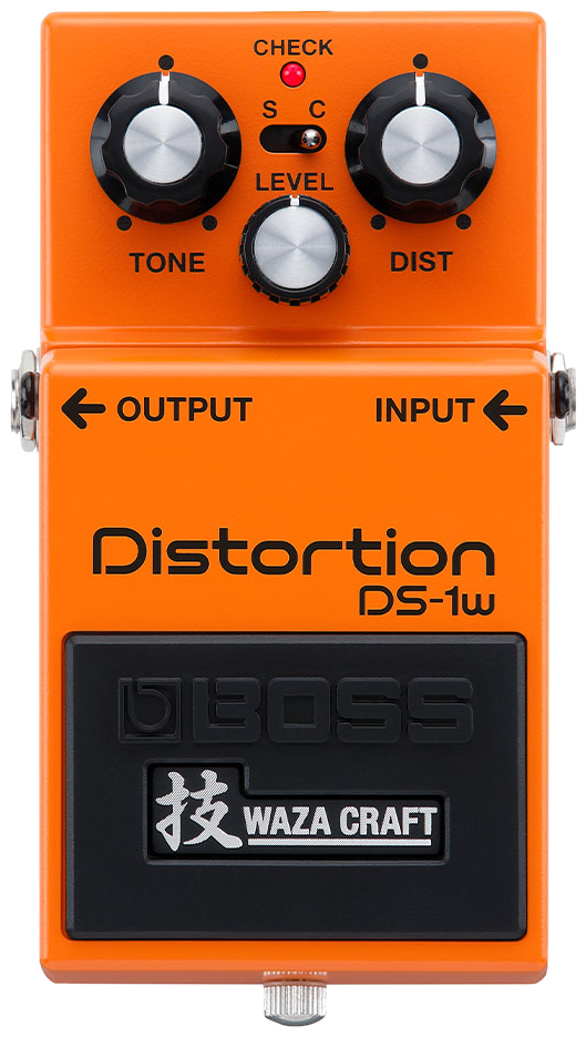BOSS DS-1W Distortion Waza Craft, top-down view, orange enclosure, Waza Craft badge, Standard/Custom switch