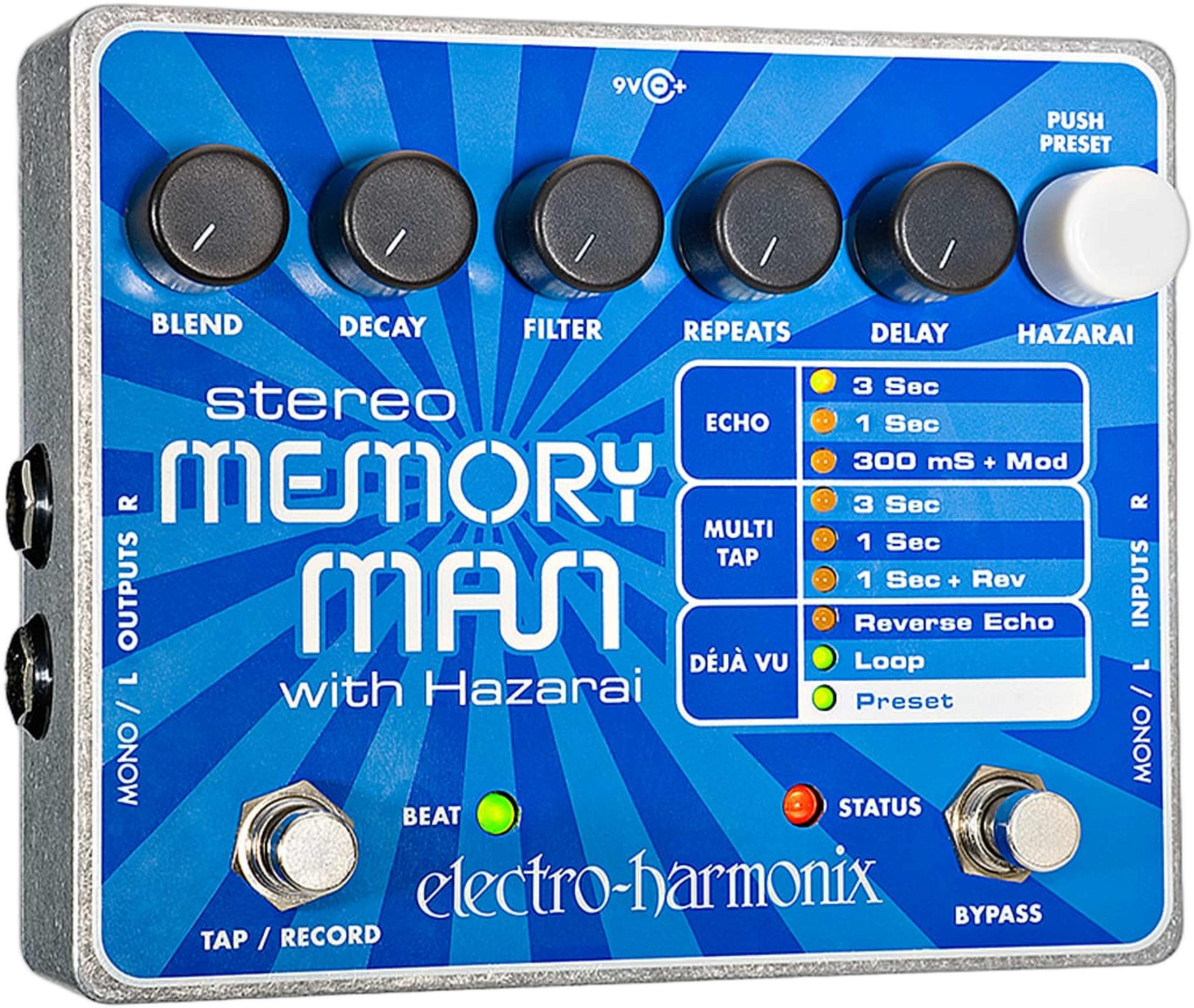 Electro-Harmonix Stereo Memory Man with Hazarai, three-quarter, blue XO enclosure, Hazarai knob, six controls