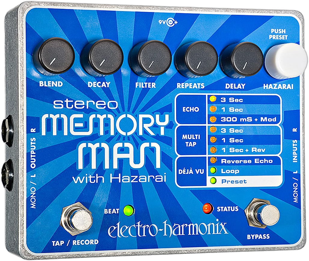 Electro-Harmonix Stereo Memory Man with Hazarai, three-quarter, blue XO enclosure, Hazarai knob, six controls