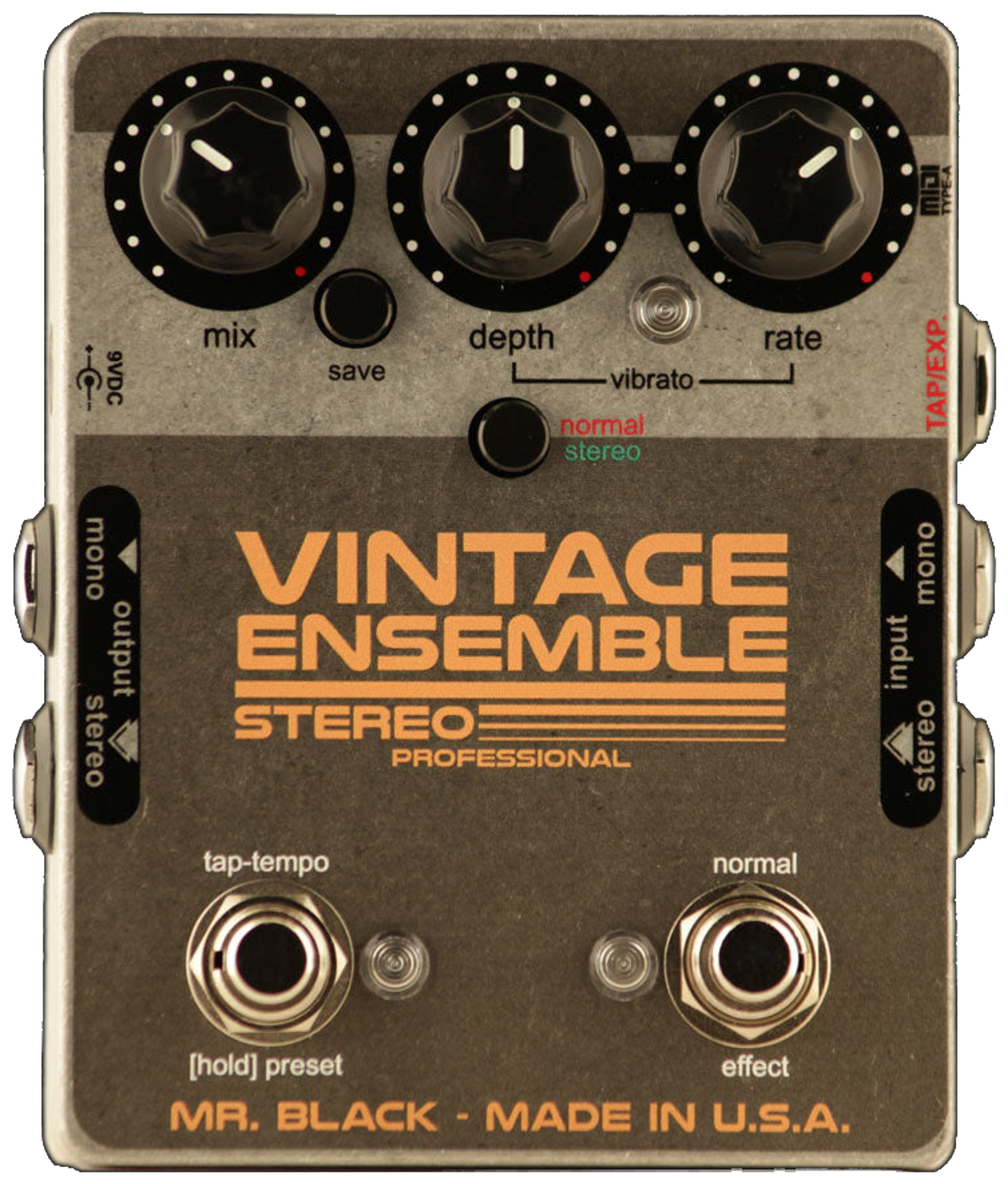 Mr. Black Stereo Vintage Ensemble Professional, top-down view, grey enclosure with orange lettering, Mix, Depth and Rate knobs, two footswitches
