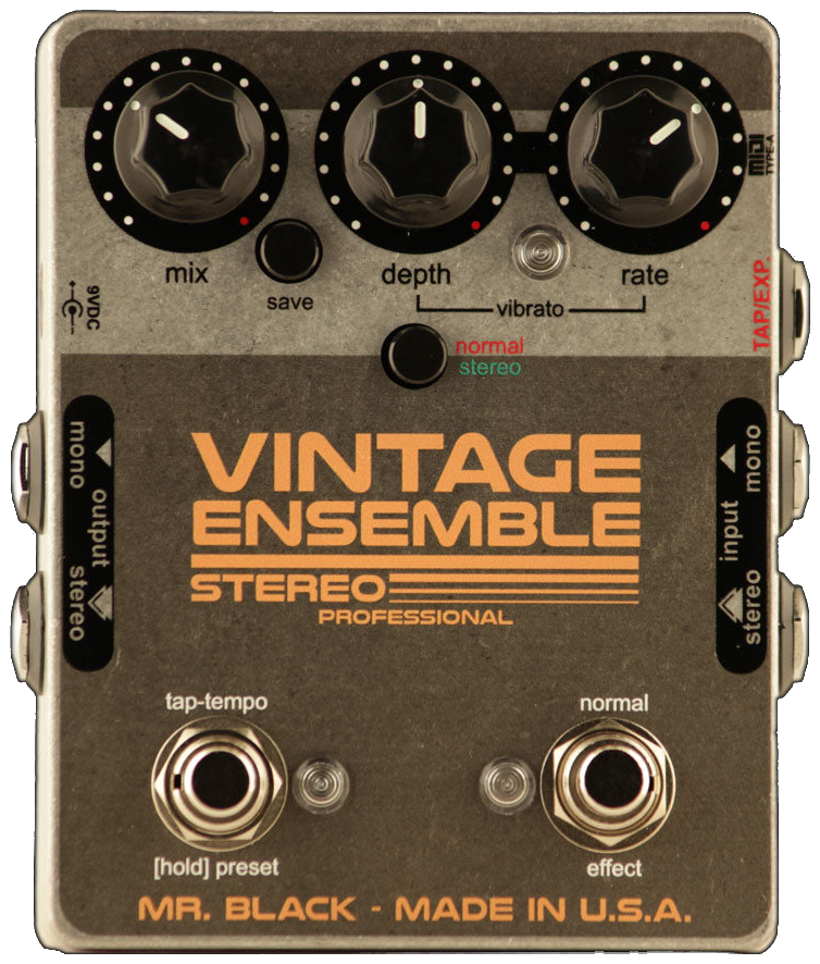 Mr. Black Stereo Vintage Ensemble Professional, top-down view, grey enclosure with orange lettering, Mix, Depth and Rate knobs, two footswitches