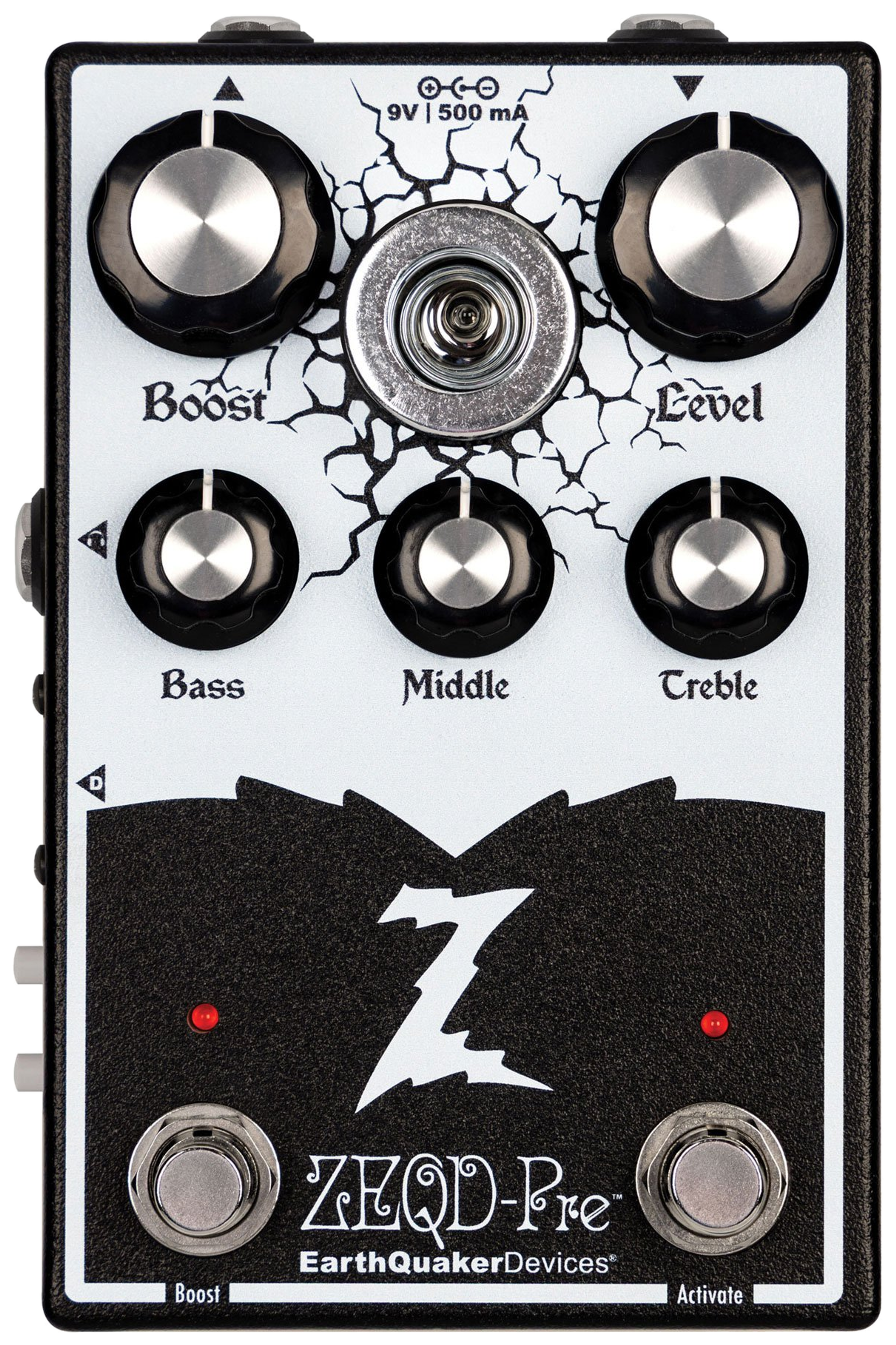 EarthQuaker Devices ZEQD-Pre, top-down view, white and black housing, EF86 tube shield, Dr. Z logo, Boost and Activate footswitches