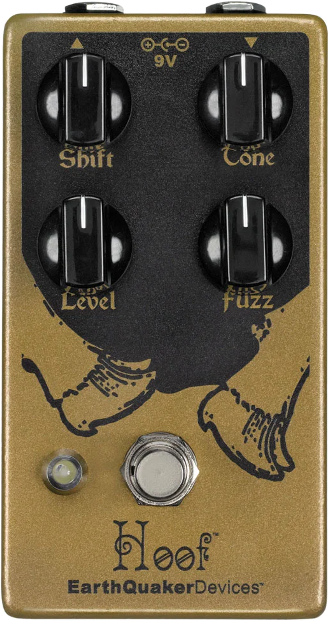 EarthQuaker Devices Hoof V2 hybrid fuzz pedal, top-down view, gold enclosure with black panel, four black knobs and hoof artwork