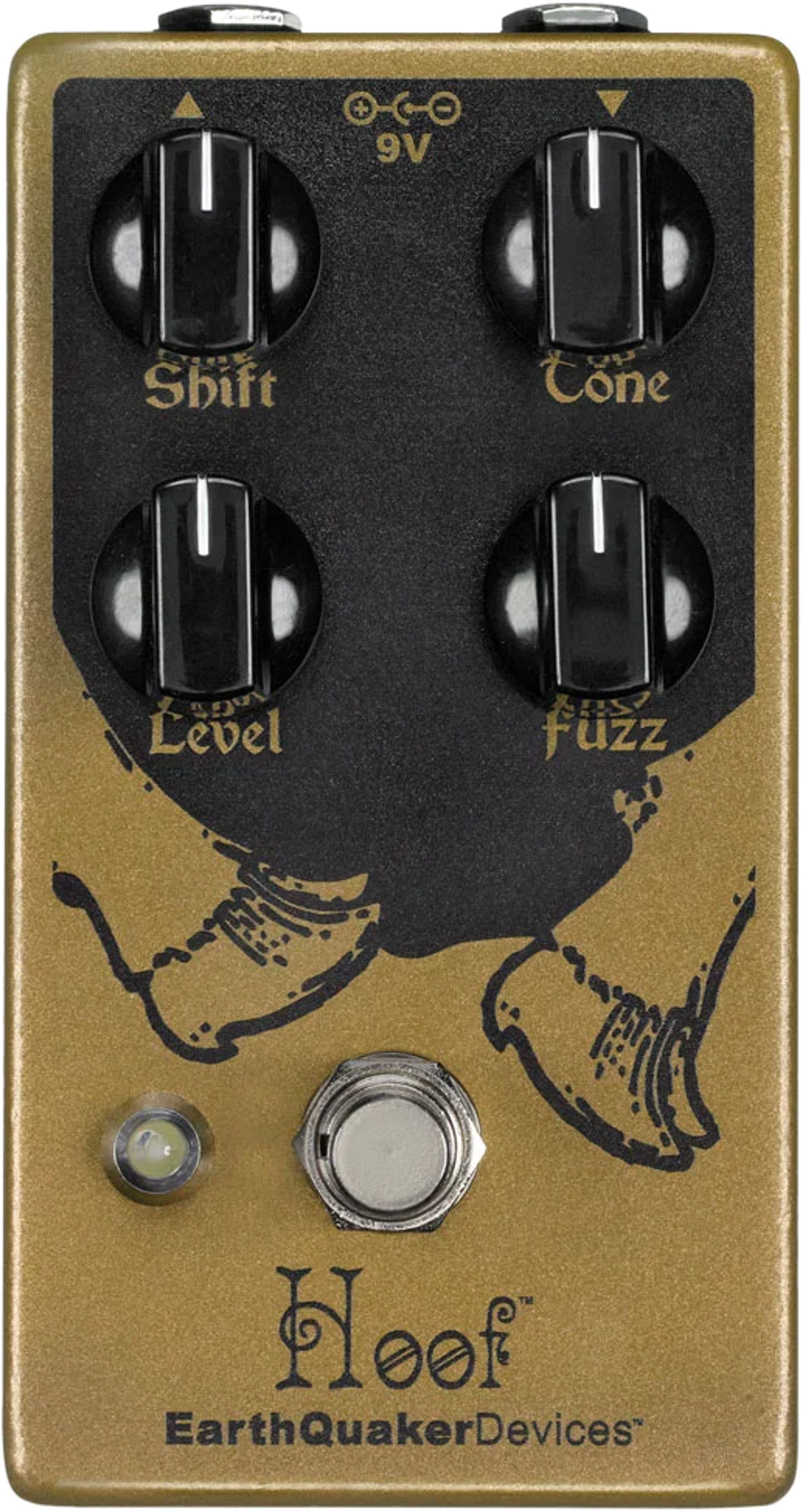 EarthQuaker Devices Hoof V2 hybrid fuzz pedal, top-down view, gold enclosure with black panel, four black knobs and hoof artwork