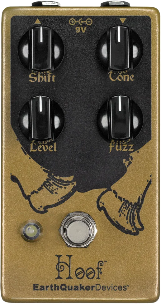 EarthQuaker Devices Hoof V2 hybrid fuzz pedal, top-down view, gold enclosure with black panel, four black knobs and hoof artwork