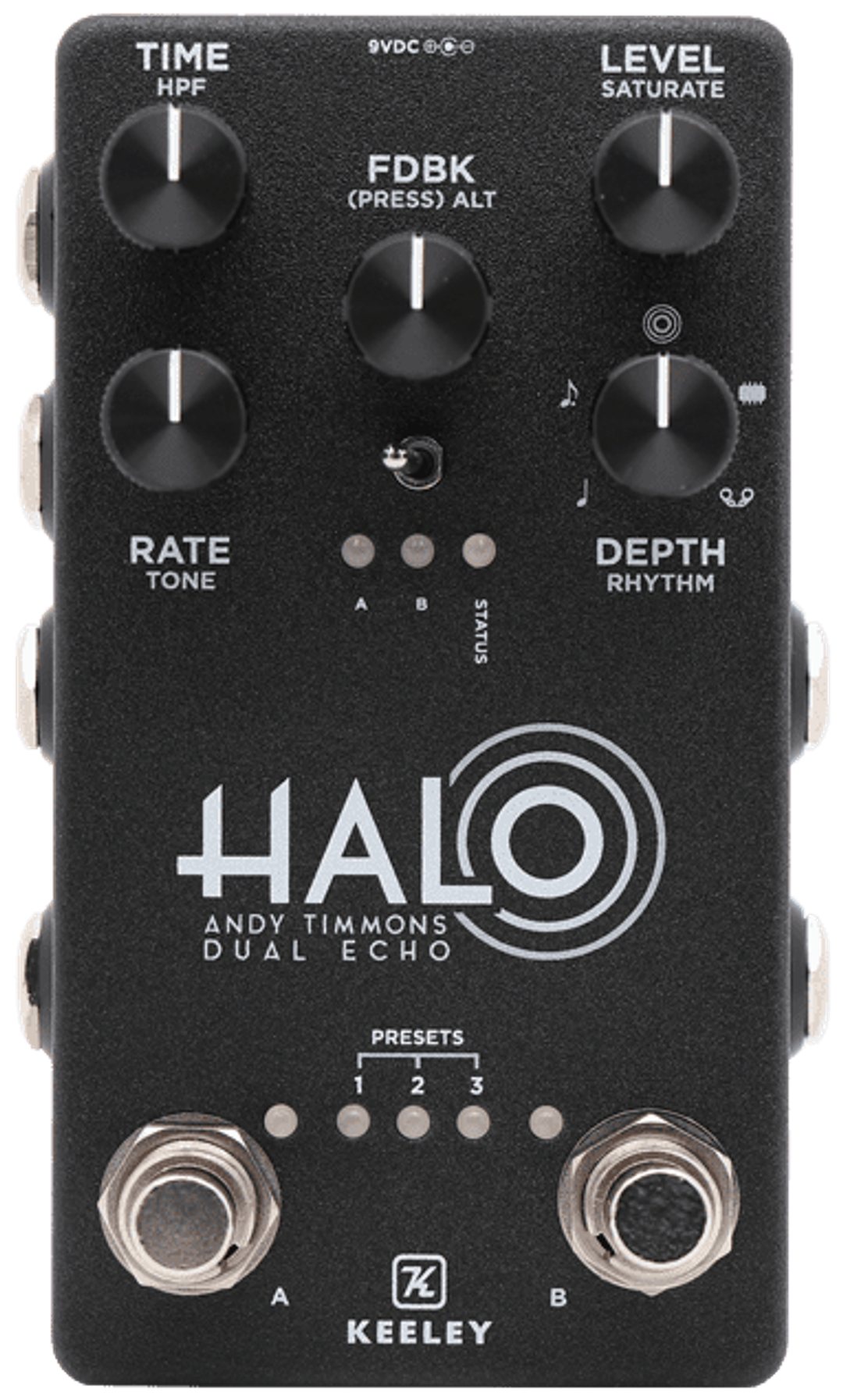 Keeley Halo Andy Timmons Dual Echo, top-down view, black enclosure, HALO logo, A and B footswitches