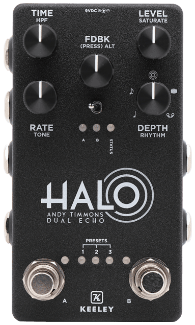 Keeley Halo Andy Timmons Dual Echo, top-down view, black enclosure, HALO logo, A and B footswitches