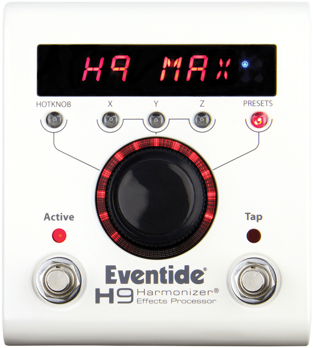 Eventide H9 Max, top view, white enclosure, red H9 MAX display, large central knob