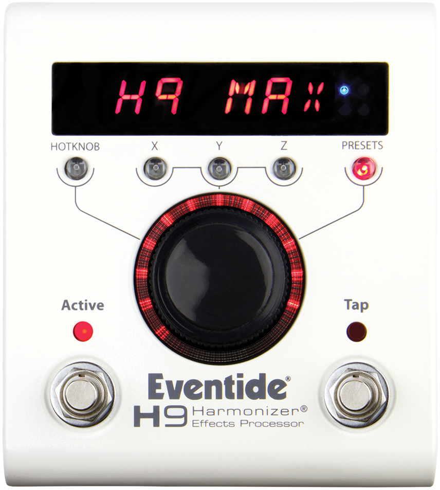 Eventide H9 Max, top view, white enclosure, red H9 MAX display, large central knob