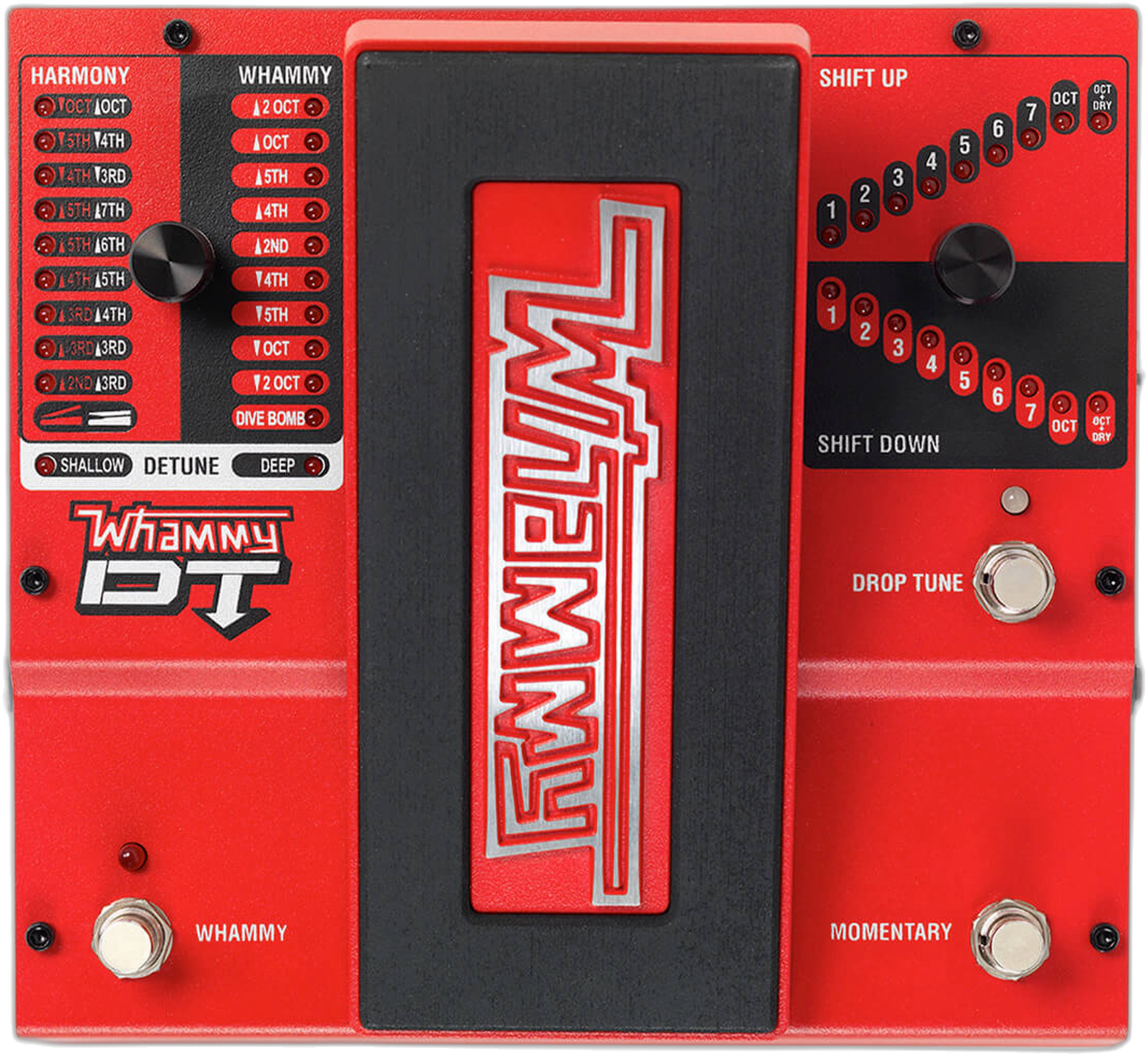 DigiTech Whammy DT, top-down view, red chassis, expression treadle, Whammy and Drop Tune selectors, three footswitches