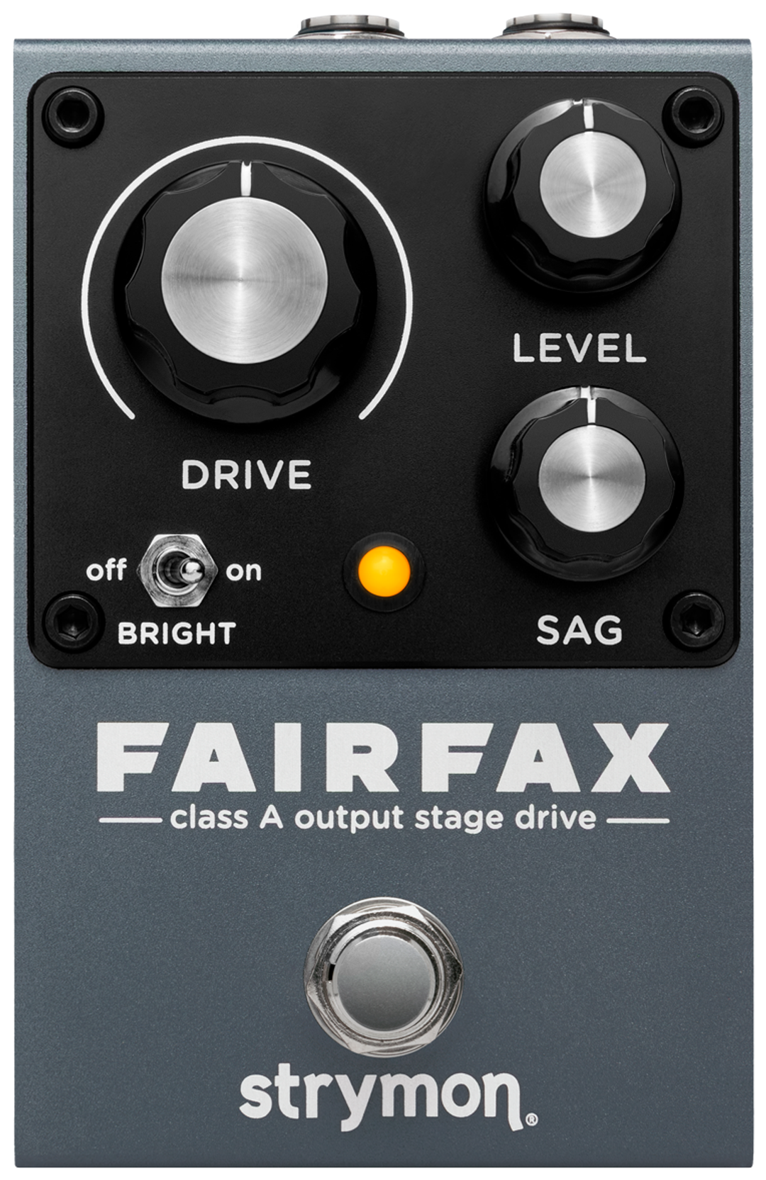 Strymon Fairfax, top-down view, grey enclosure, Drive, Level and Sag knobs, Bright toggle