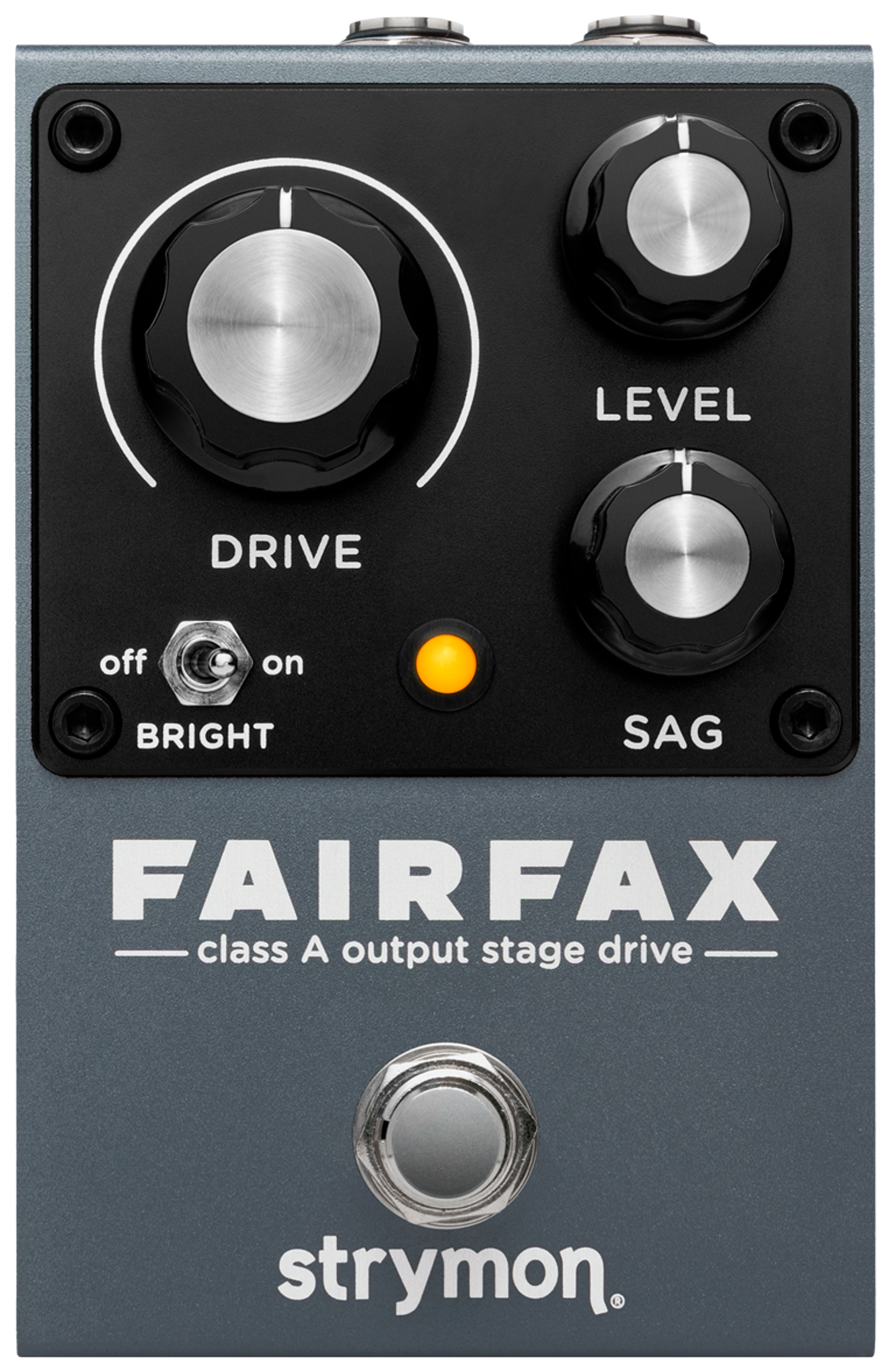 Strymon Fairfax, top-down view, grey enclosure, Drive, Level and Sag knobs, Bright toggle