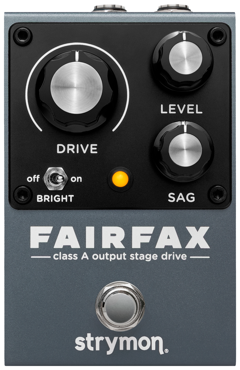 Strymon Fairfax, top-down view, grey enclosure, Drive, Level and Sag knobs, Bright toggle