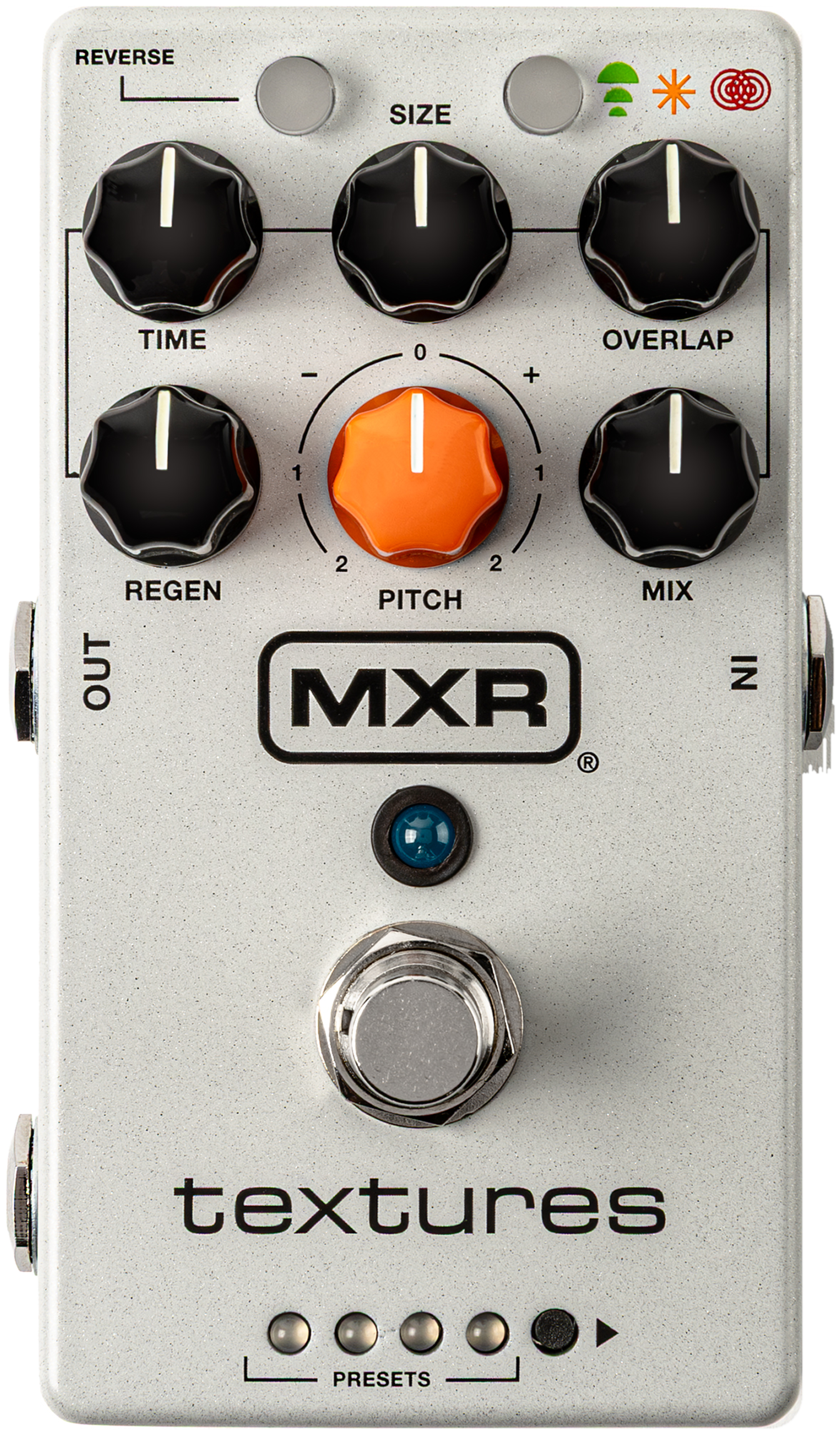 MXR Textures Granular Synth Engine, top view, silver enclosure, orange Pitch knob, eight preset LEDs
