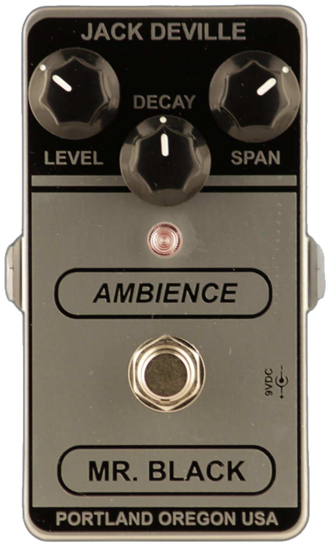 Mr. Black Ambience Reissue, top-down view, black and silver enclosure, Level, Decay and Span knobs