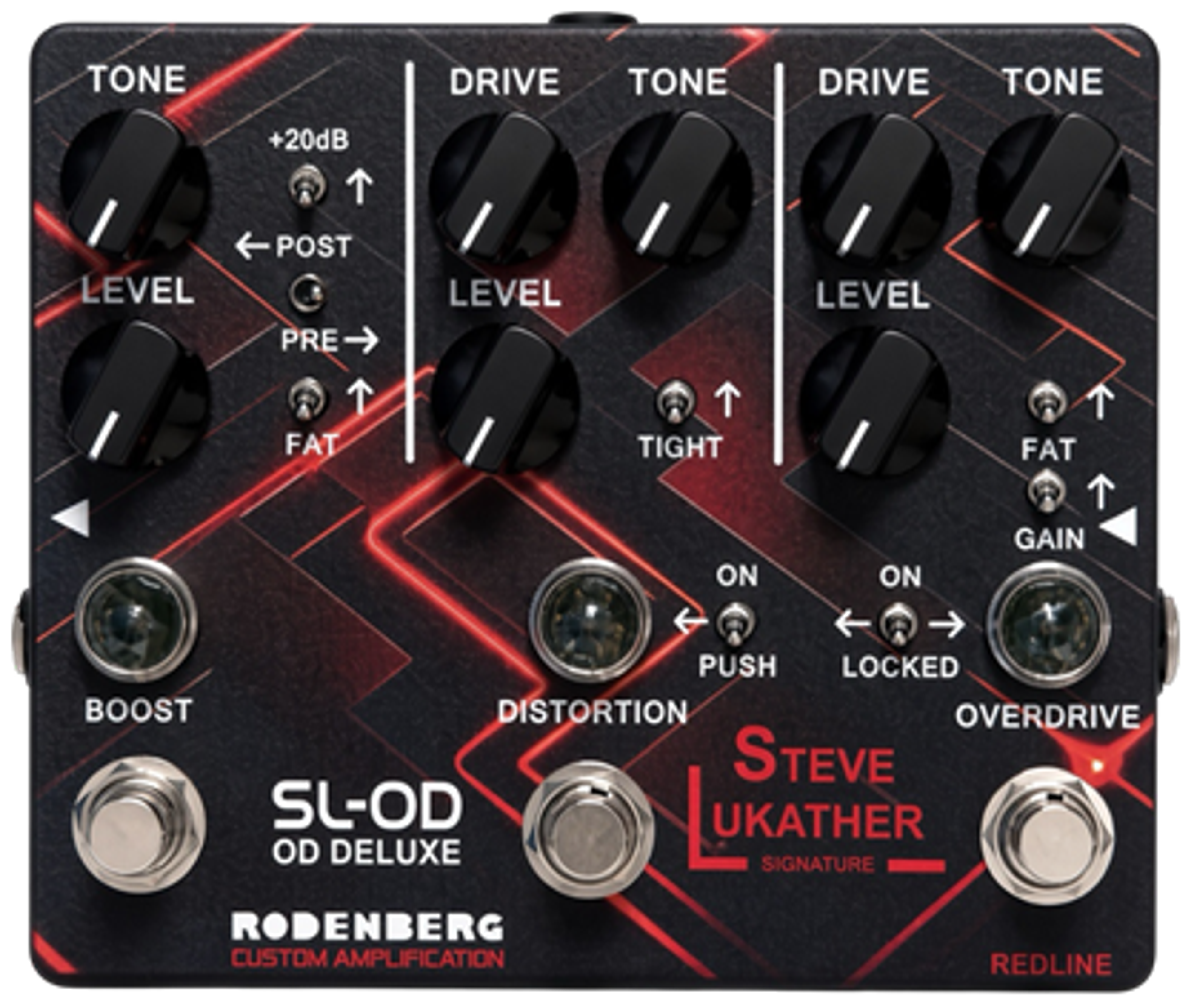 Rodenberg SL-OD Deluxe Redline, top-down view, black enclosure with red line graphics, Steve Lukather signature, three footswitches