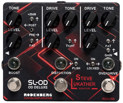 Rodenberg SL-OD Deluxe Redline, top-down view, black enclosure with red line graphics, Steve Lukather signature, three footswitches